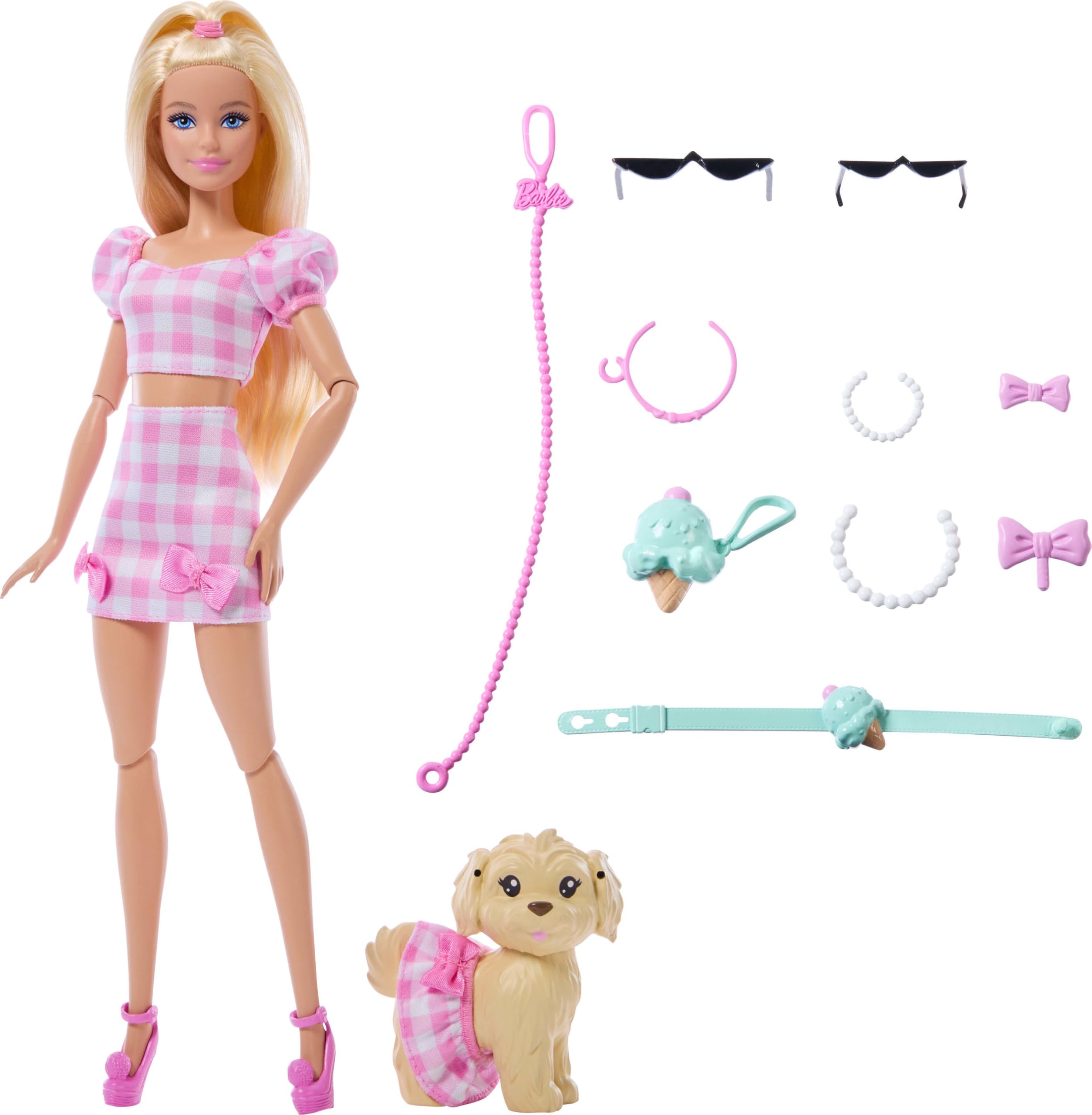 Barbie Twinning Looks Muñeca con perro mascota con ropa de vichy rosa a juego y accesorios como