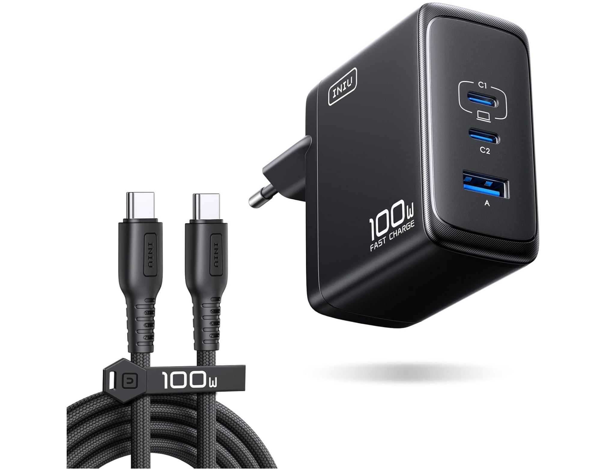 INIU Cargador USB-C GaN 100W 3 Puertos. 100W para carga de portátiles, móvil y