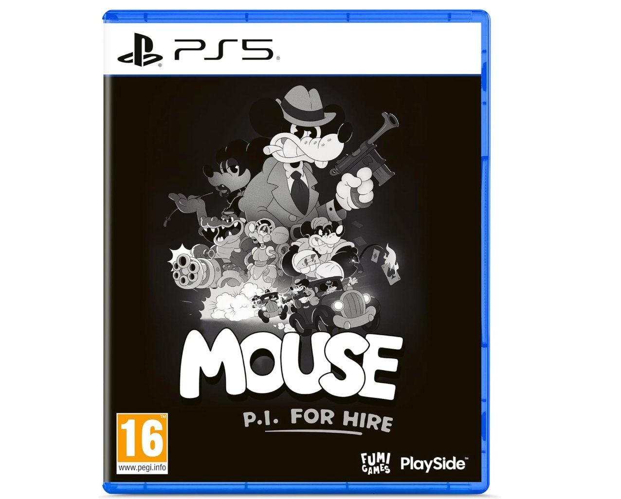 Mouse: P.I. For Hire PS5. Diseño en blanco y negro estilo "rubber hose" inspira