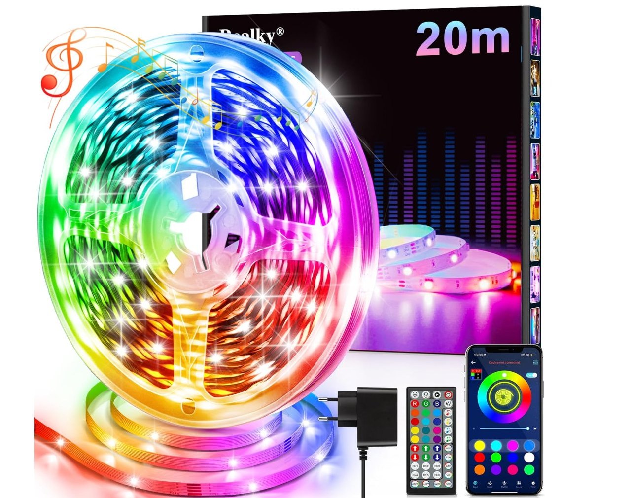 Realky Tira LED Habitación RGB 20 Metros. Control por Bluetooth con app y mando