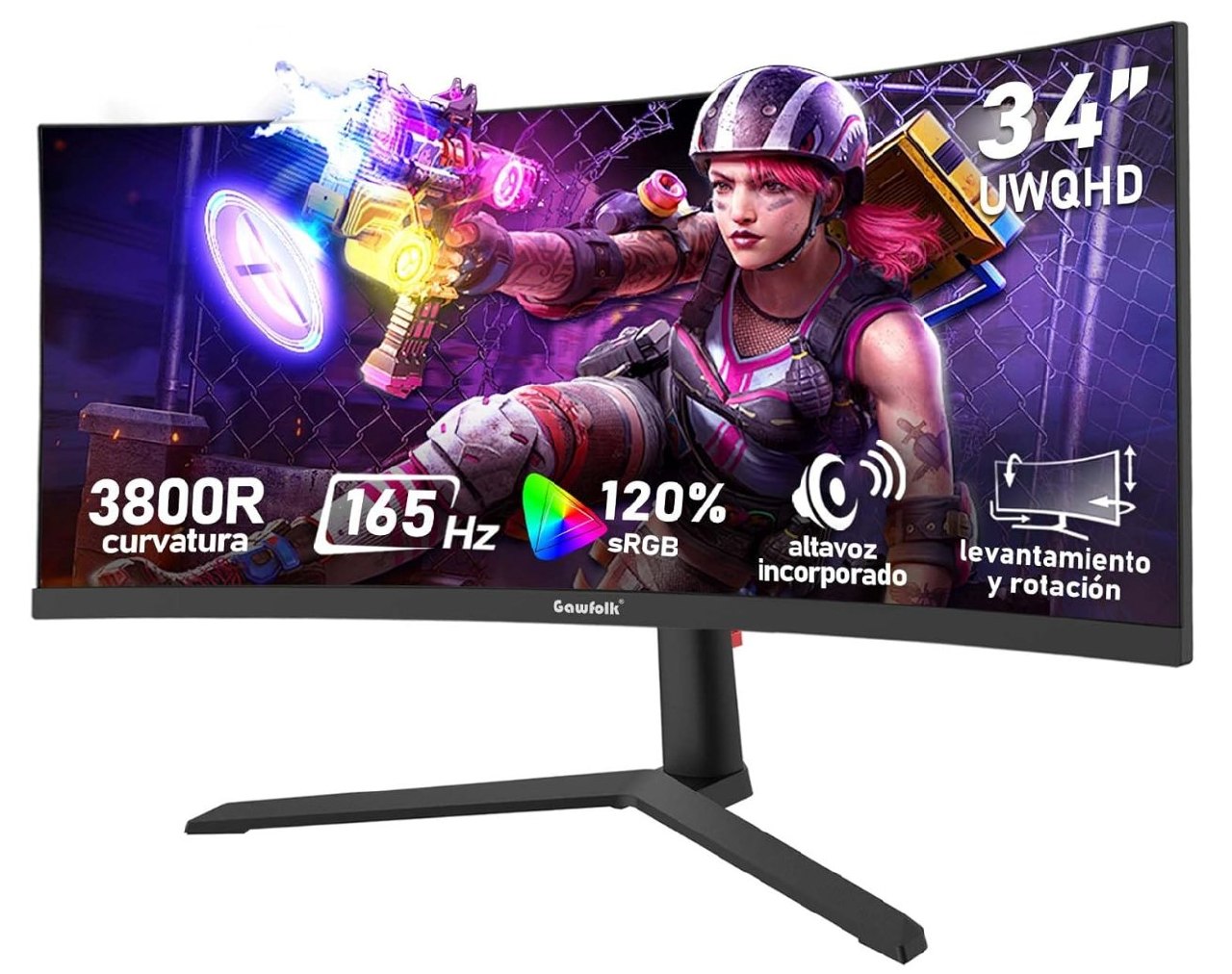 Gawfolk Monitor Gaming Curvo 34 Pulgadas 165Hz. Panel UWQHD 3440x1440, curvatura