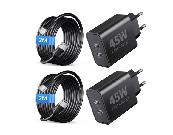 Pack 2 Gorolnse Cargador USB-C 45W con 2 Cables 2M. Cargador de 45W con 2 puerto