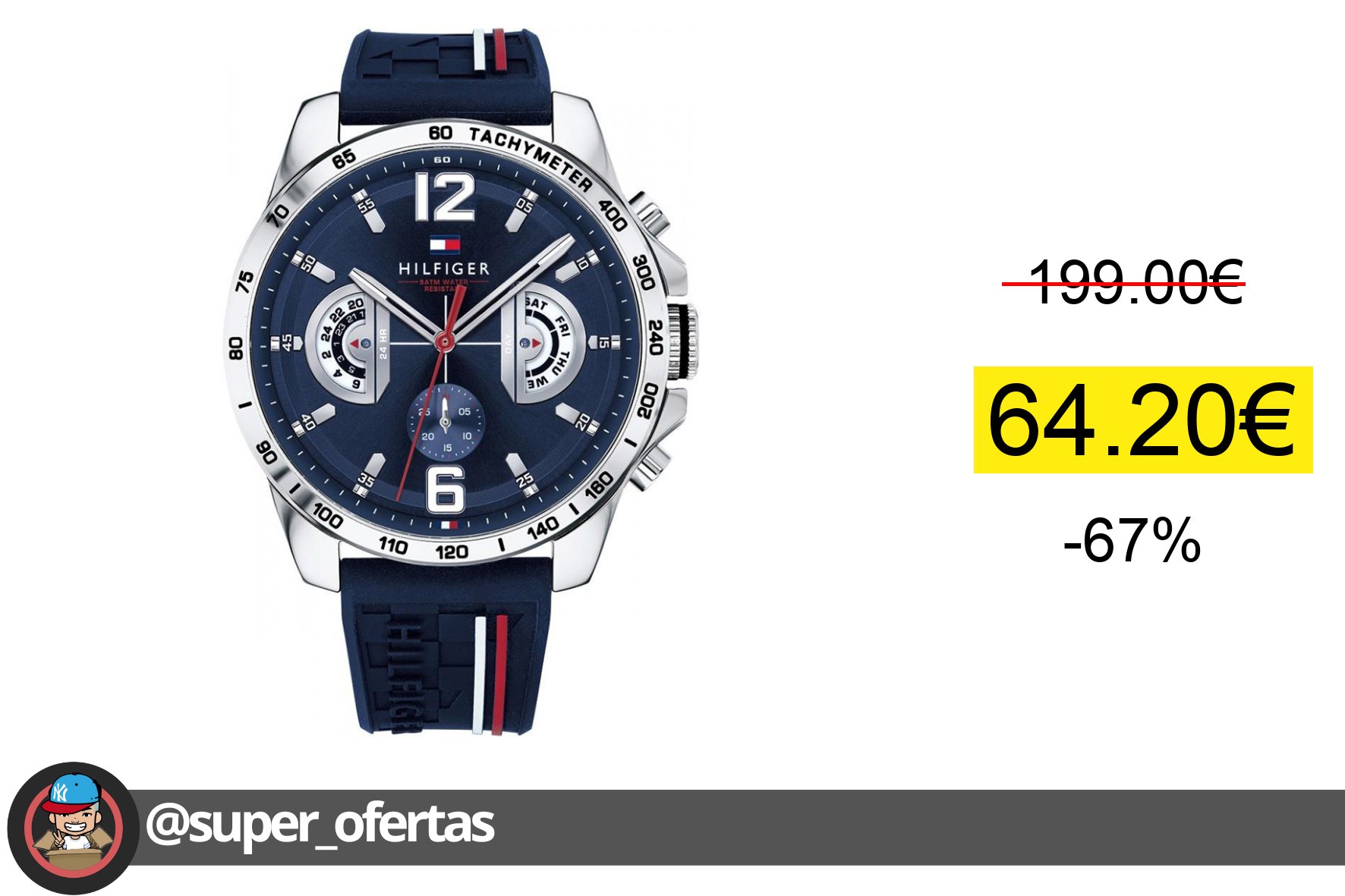 Cuponazo 〽 Reloj de Hombre Tommy Hilfiger 1791476, Esfera Azul de 46 MM + Caja de