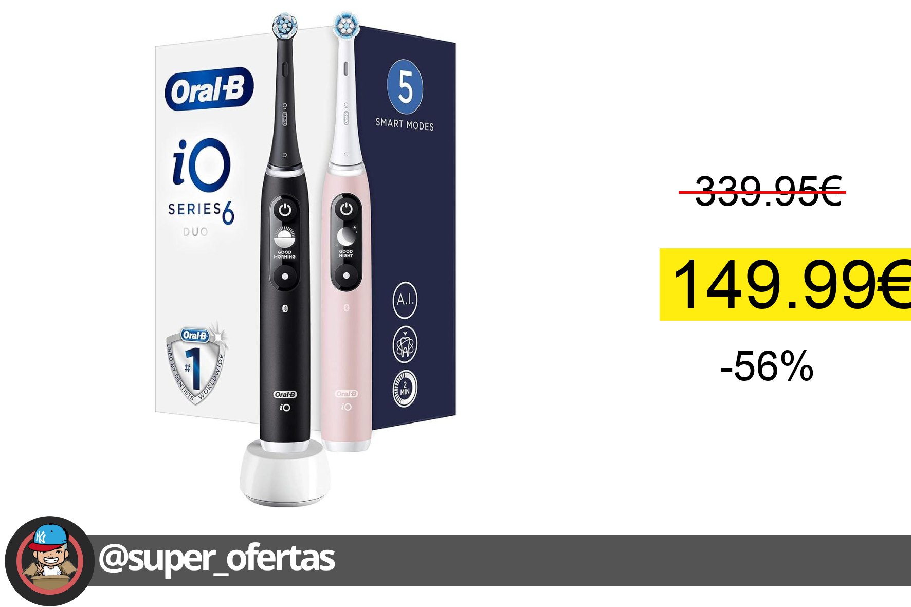 Cuponazo 〽 Oral-B iO 6 Duo. 2 Cepillos de Dientes Eléctricos Recargables con AI