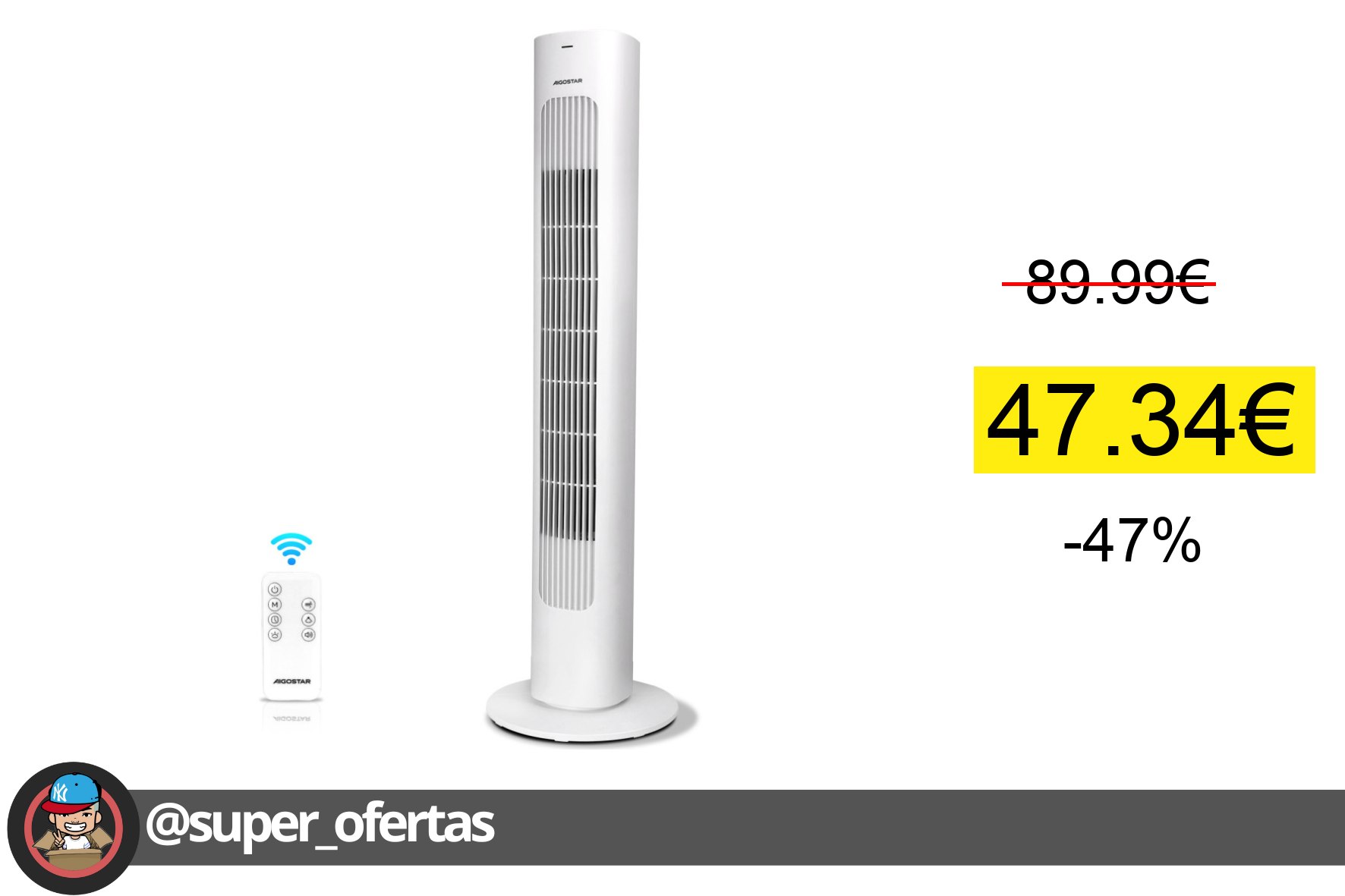 Cuponazo 〽 Aigostar Ventilador de Torre Silencioso con Mando a Distancia – 3 Ve oferta descuento