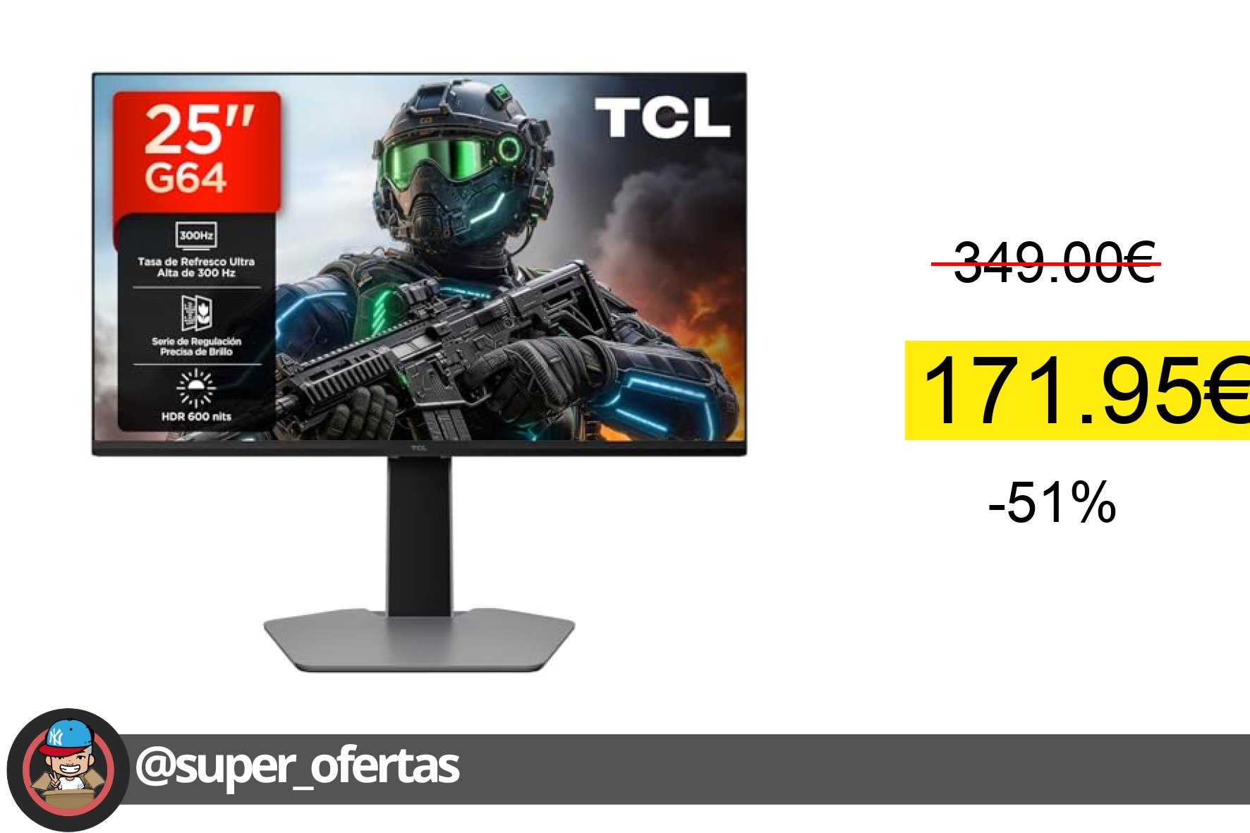 〽 TCL 25G64 Monitor Gaming 25 Pulgadas QD-Mini LED, Full HD, 300Hz, Panel Fast-IPS, 600 nits HD