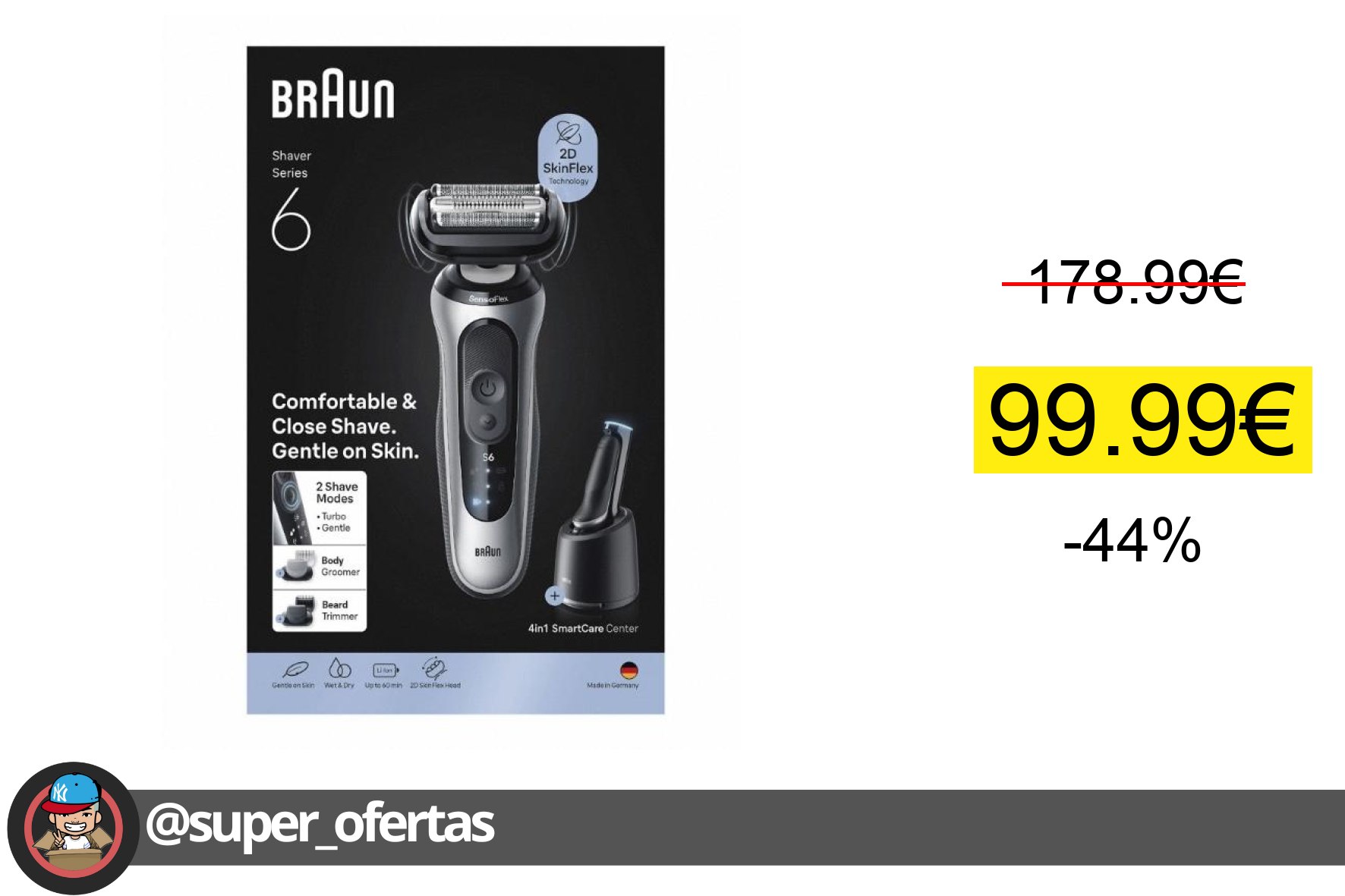 〽 Braun Series 6 Afeitadora Eléctrica. Adaptación 2D al contorno, 2 modos de afeitado (turbo