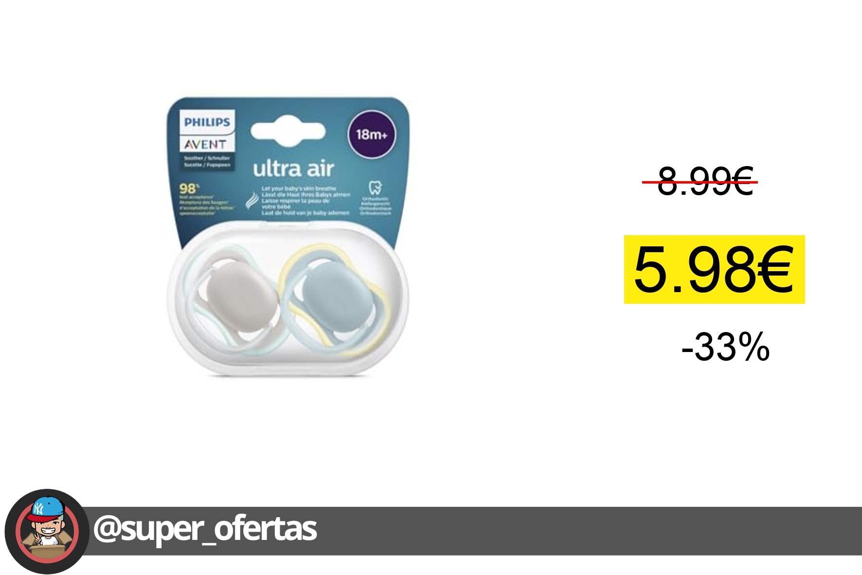 〽 Philips Avent SCF349/01, 2 Chupetes Ultra Air Ortodoncias y sin BPA, 18 meses y +, Pezón ext