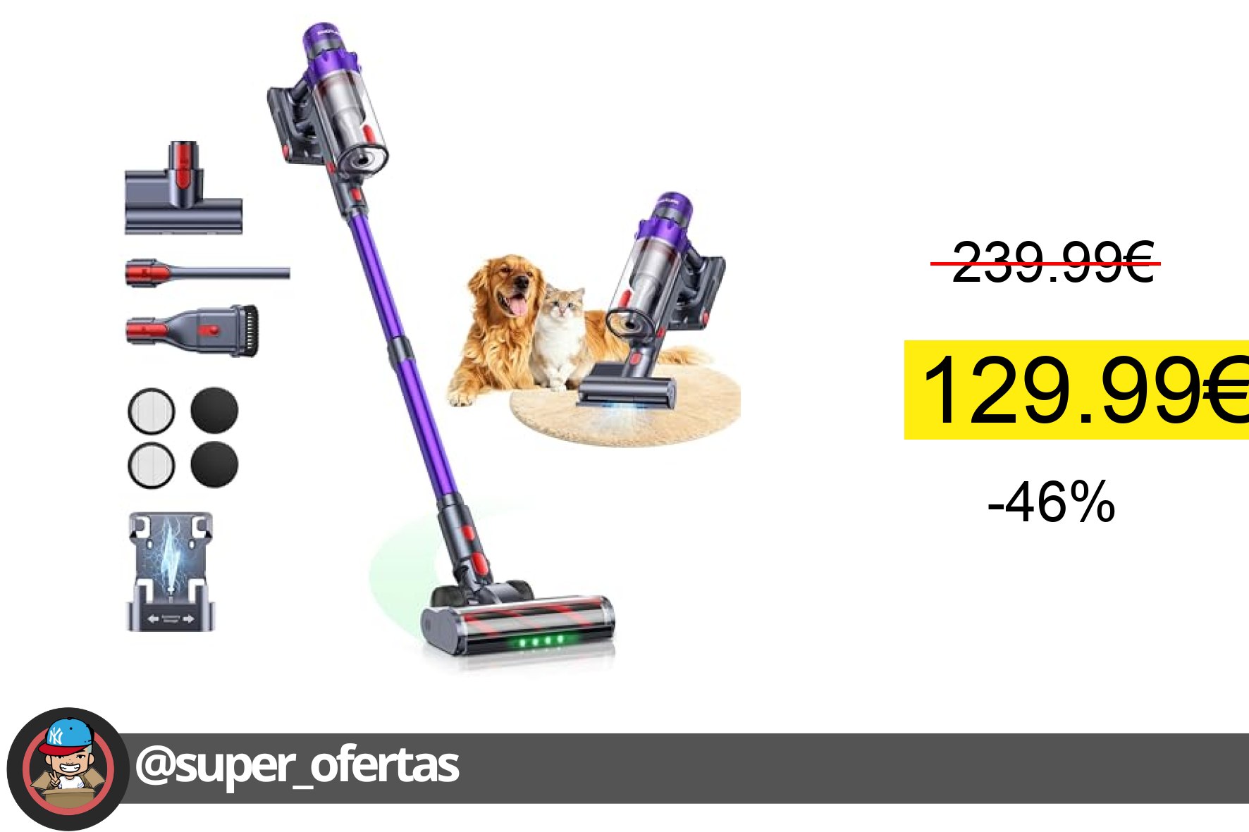 〽 50KPA/600W/65Min(ECO) VAC02 Mejorada Aspiradora sin Cable, Aspiradora Vertical con Cepillo pa