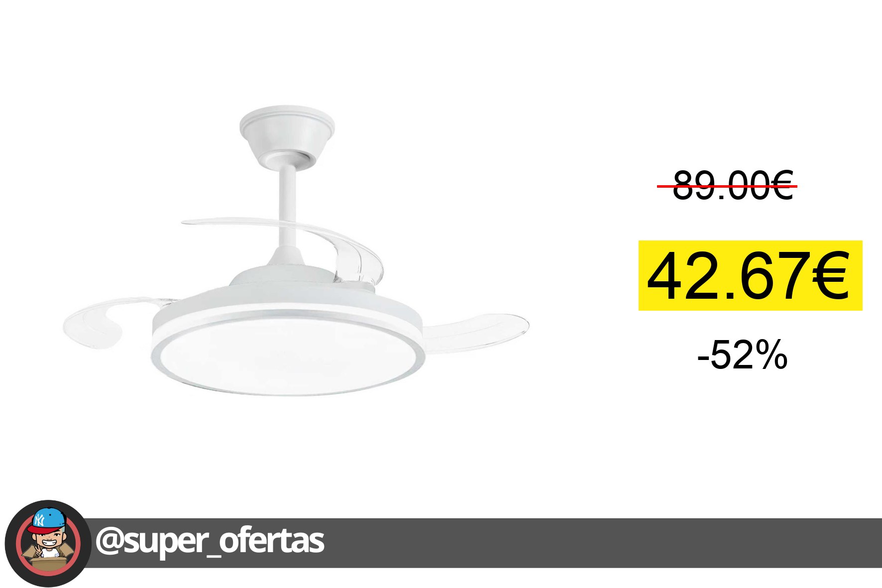 〽 NARVI Ventilador de techo color blanco, 3 Palas retráctiles, Motor DC, Luz LED 60W Regulable