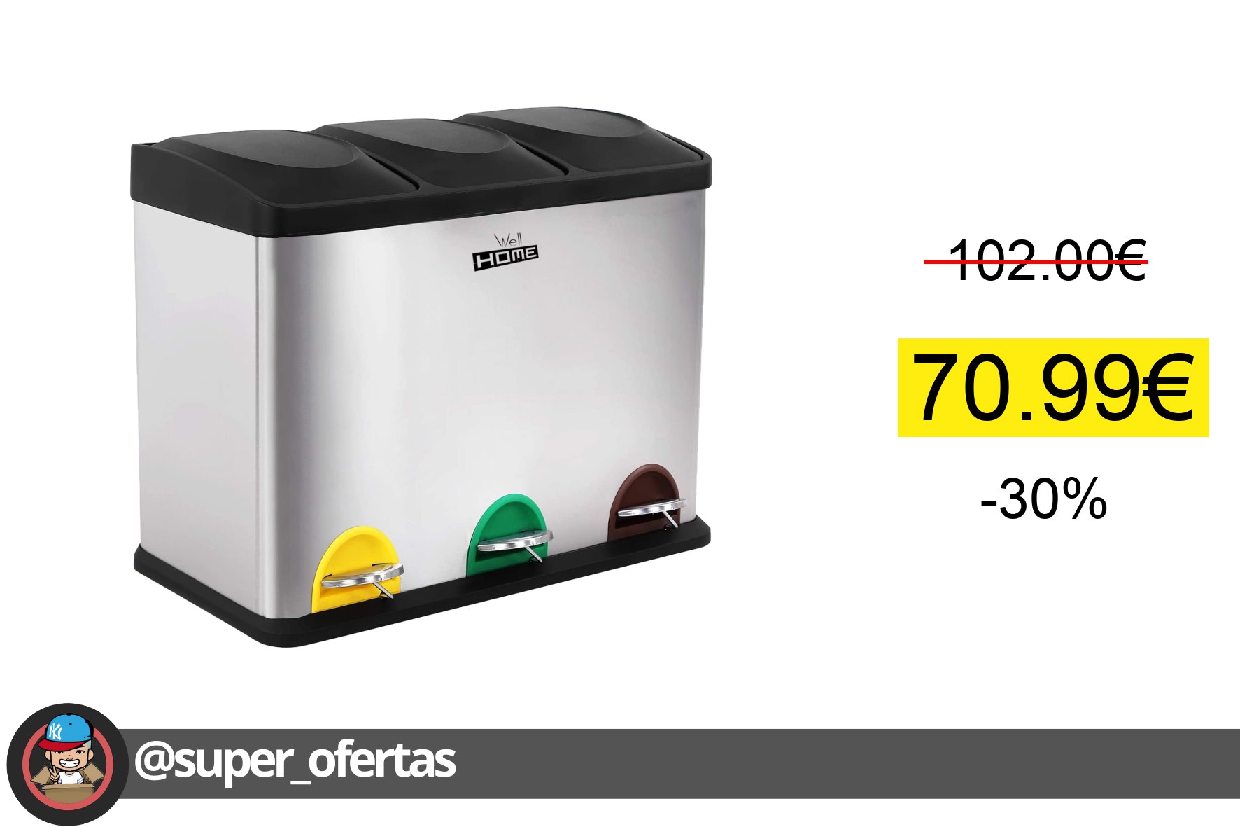 〽 Cubo de Reciclaje Ecológico Wellhome 45L 3 Compartimentos Cubo de Re
