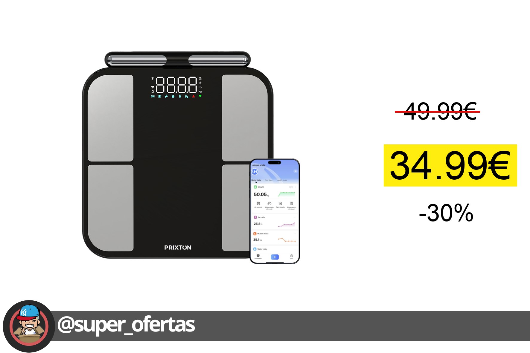 Cuponazo 〽 PRIXTON Báscula de Baño Inteligente BC400, 56 Medidas Corporales, Ap