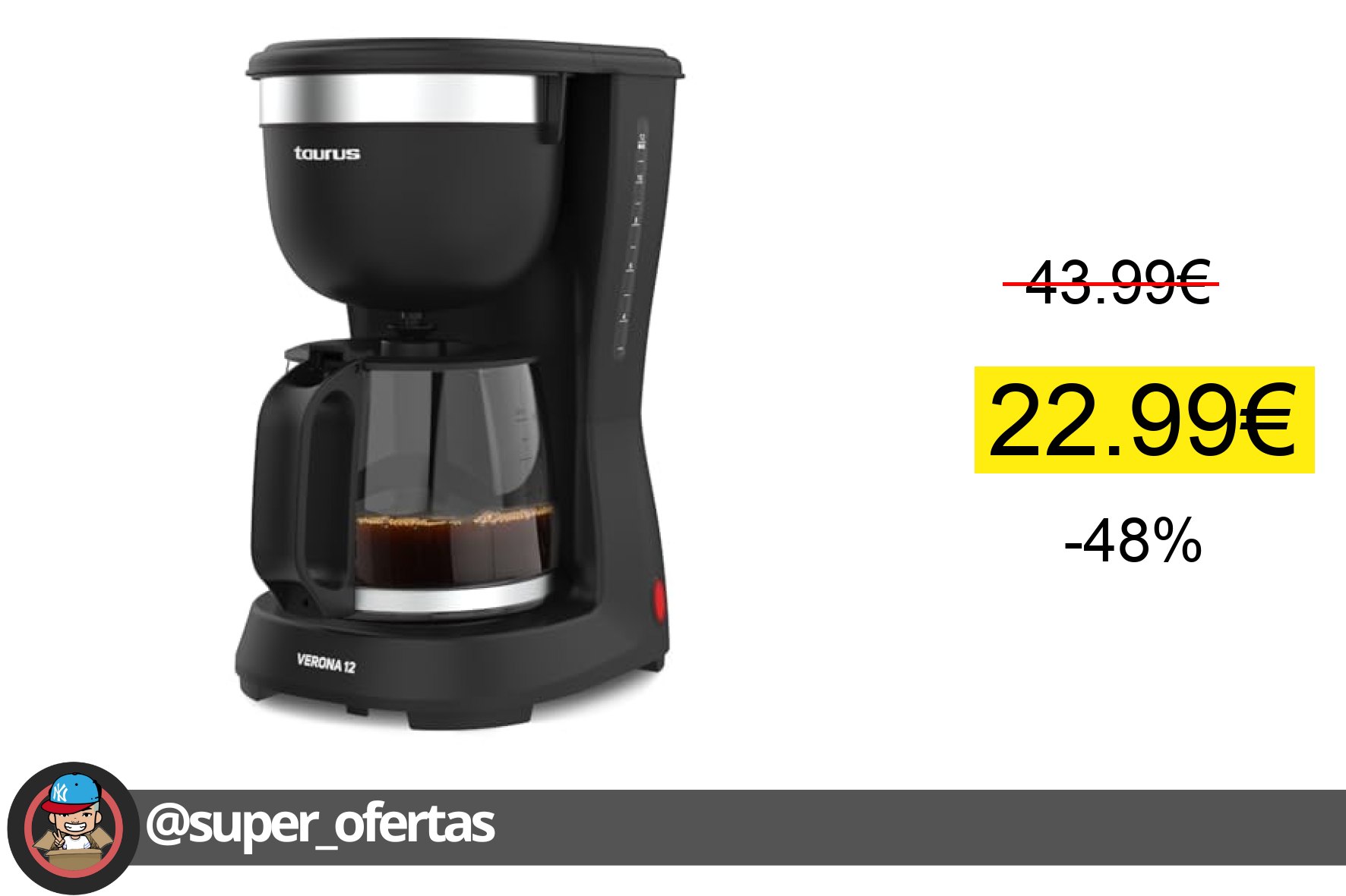〽 Taurus – Cafetera de Goteo Verona 12 680W Capacidad 1,25L 12 Tazas Cafetera con Fil