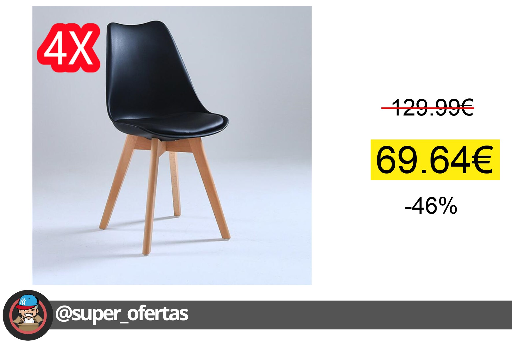 Cuponazo 〽 Juego de 4 sillas tulipán con patas de madera, mueble estilo nórdico