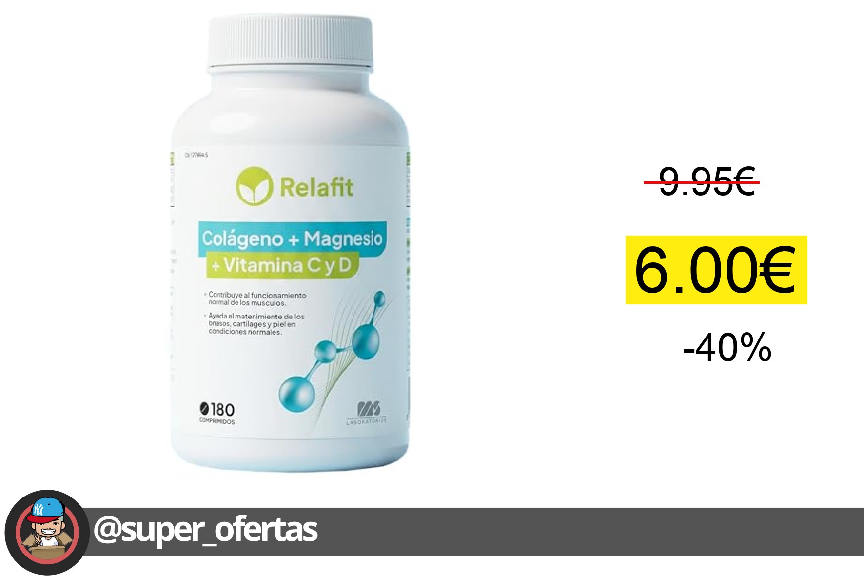 〽 Colágeno hidrolizado con Magnesio y Vitaminas C y D – 180 Comprimidos Articulaciones y M
