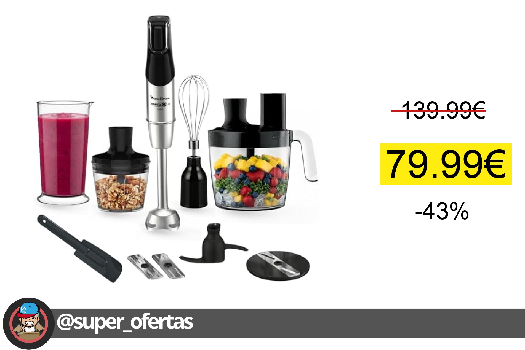 〽 Moulinex Infinyforce Pro - Batidora de mano de 1200 W, Cuchillas Powelix de alto rendimiento oferta descuento