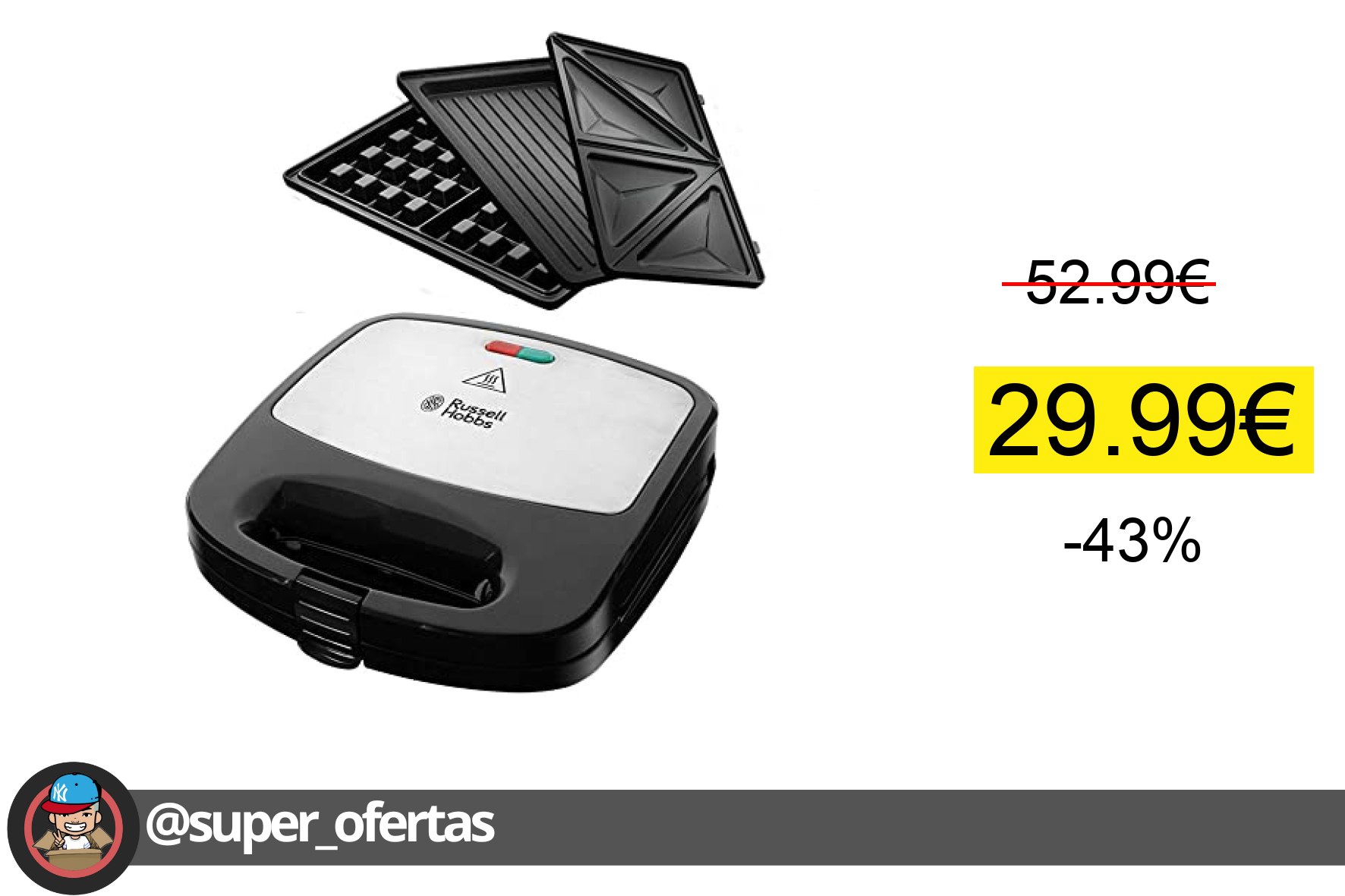 〽 Russell Hobbs Sandwicheras [3 en 1: gofrera, tostadora, grill] Fiesta (750 W, placas antiadhe