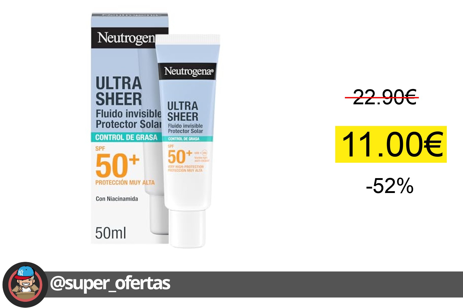 〽 Neutrogena Ultra Sheer Solar Fluido Invisible Oil Control SPF50+ (50ml), protector solar faci