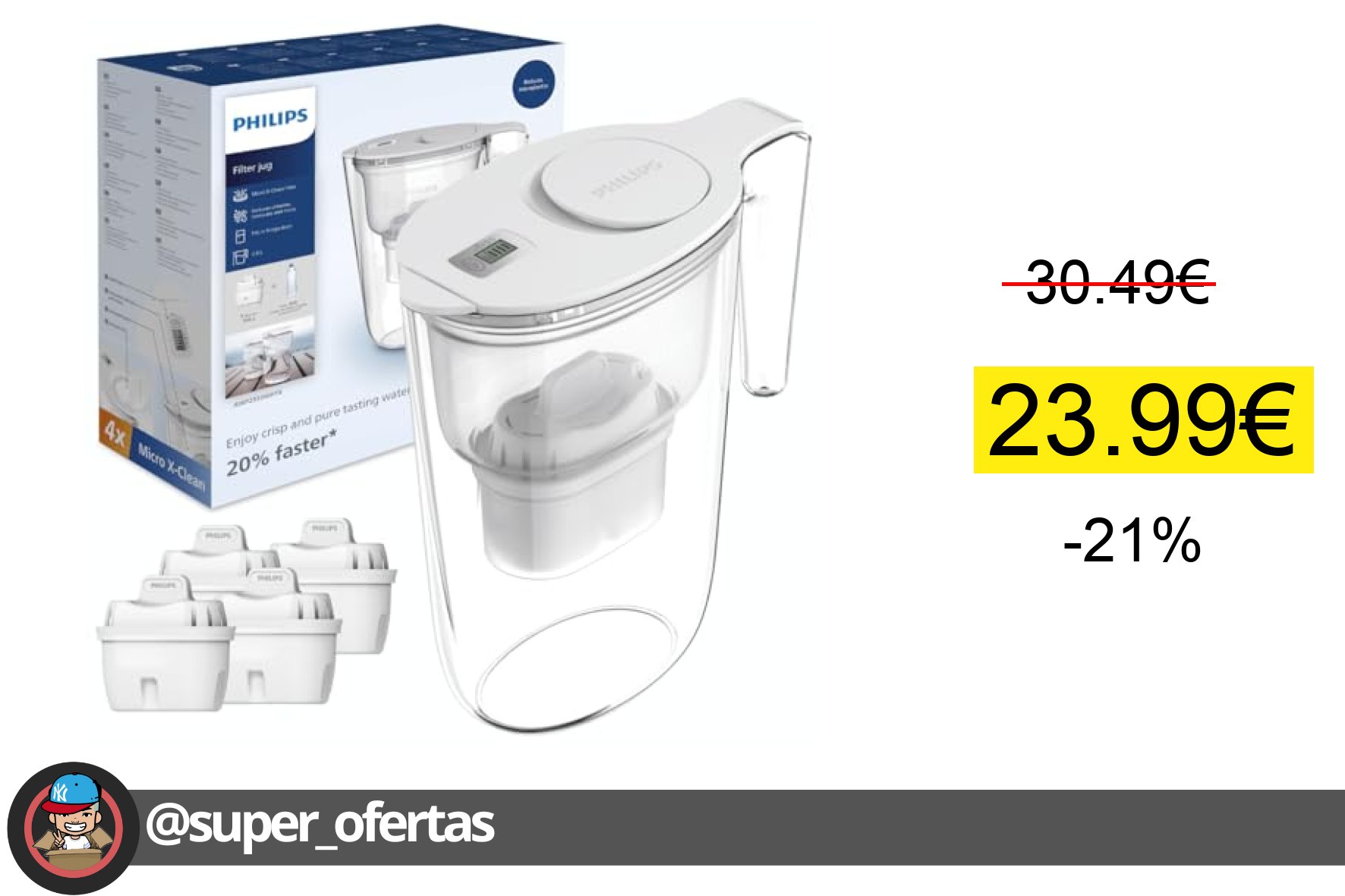 〽 Philips Water Filtro de jarra + 4 cartuchos de filtro de repuesto, Filtración Avanzada, fluj