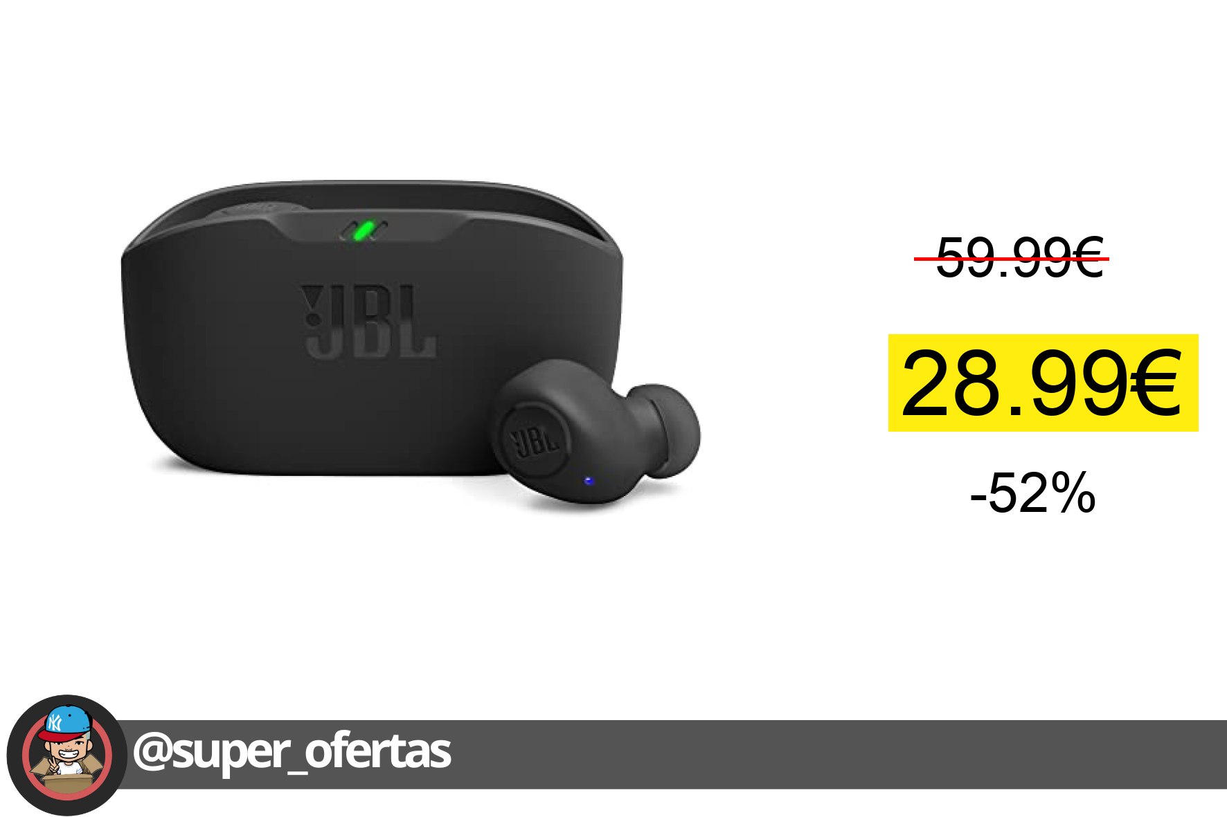 〽 JBL Wave Buds, auriculares inalámbricos In-Ear con resistencia al agua IP54 e IPX2, bajos po