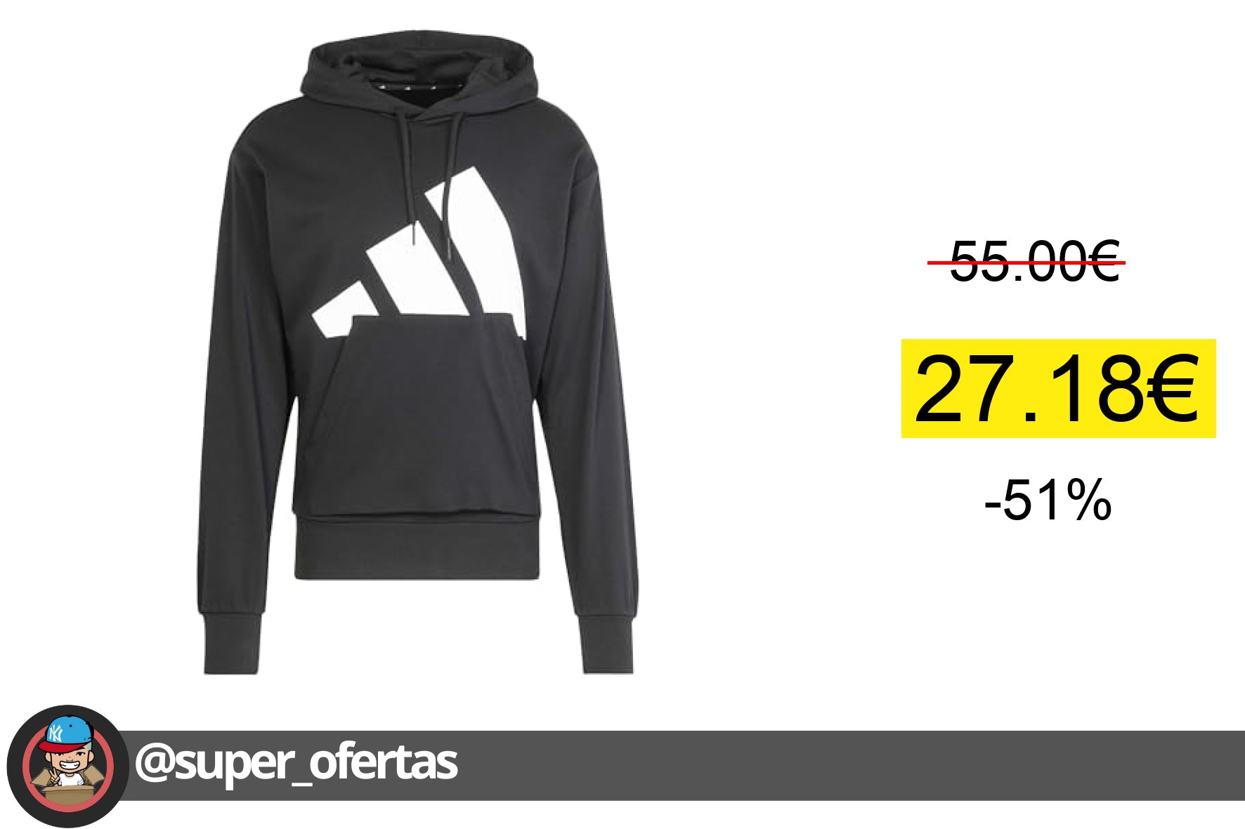 〽 adidas Hombre Essentials Big Logo French Terry Hoodie Sweatshirt, Black/White, M