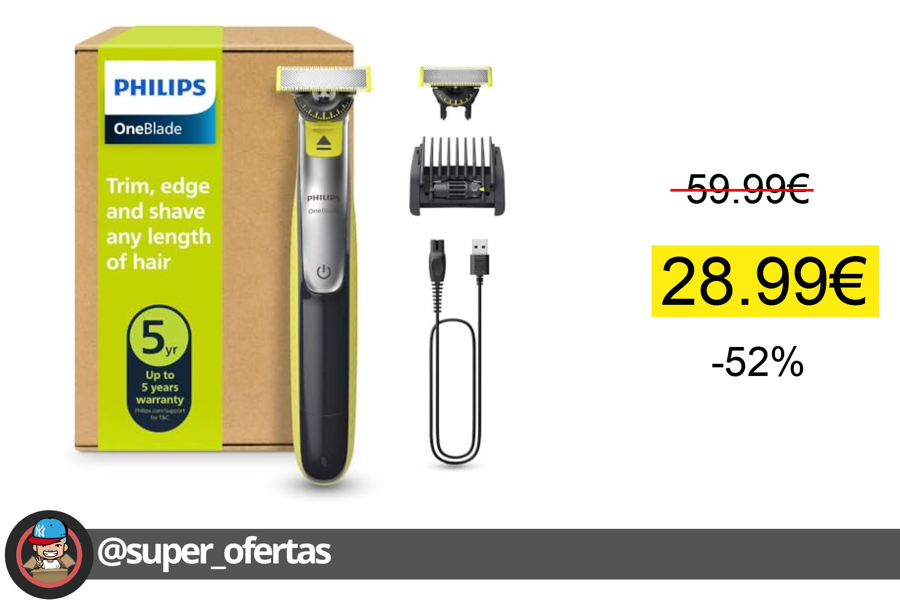 〽 Philips OneBlade 360 - Maquinilla de Afeitar Híbrida, Barbero Eléctrico y Afeitadora, 2 Cuc