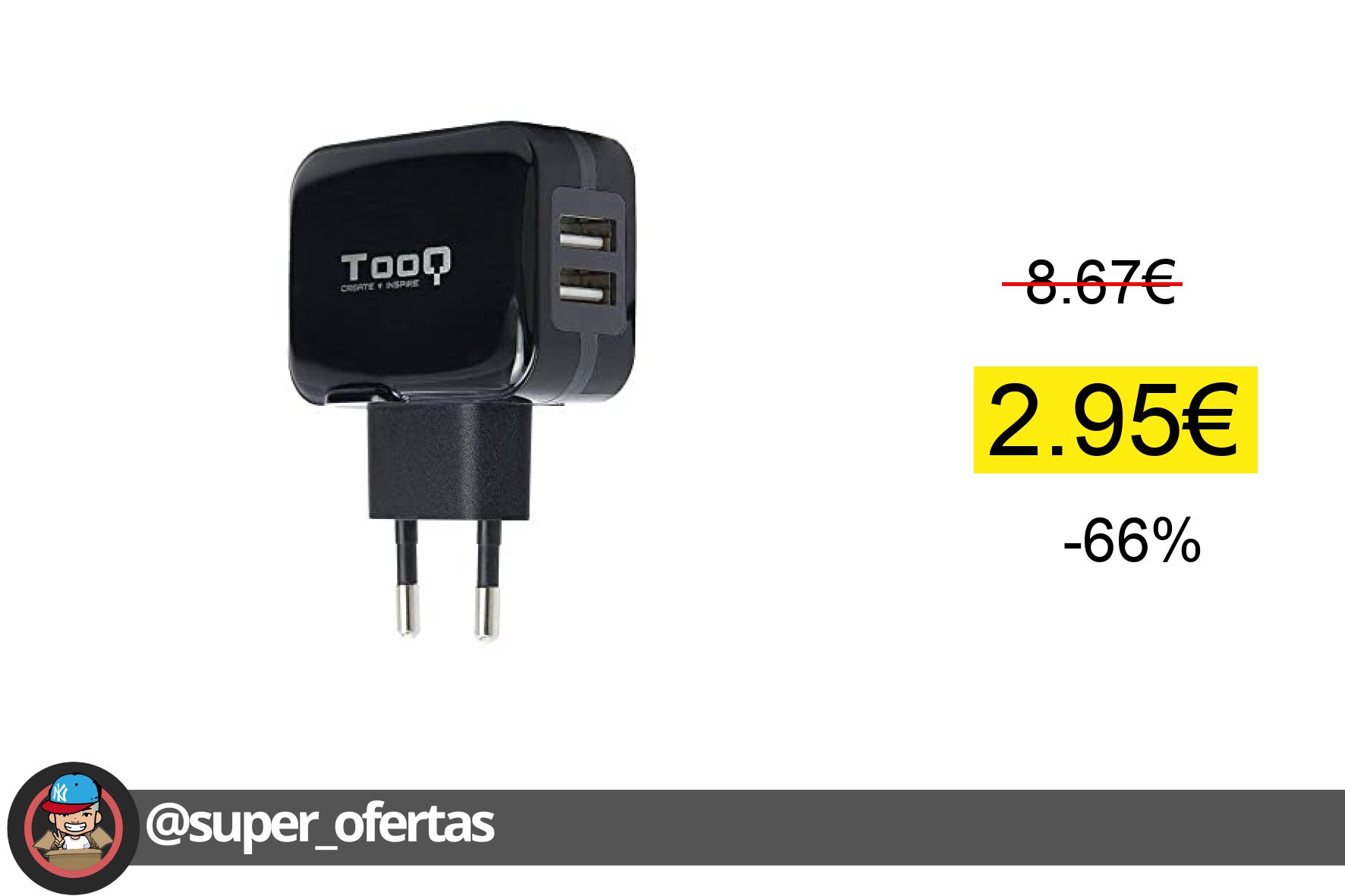 〽 TooQ TQWC-1S02 - Cargador de Pared con 2 x USB (5V - 3.4 A, 17 W), con tecnologia AiPower, pa