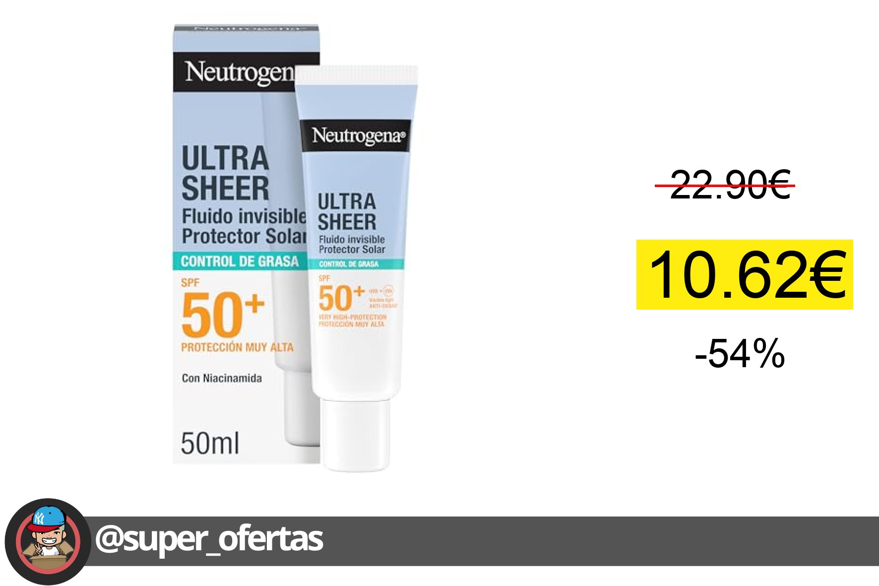 〽 Neutrogena Ultra Sheer Solar Fluido Invisible Oil Control SPF50+ (50ml), protector solar faci