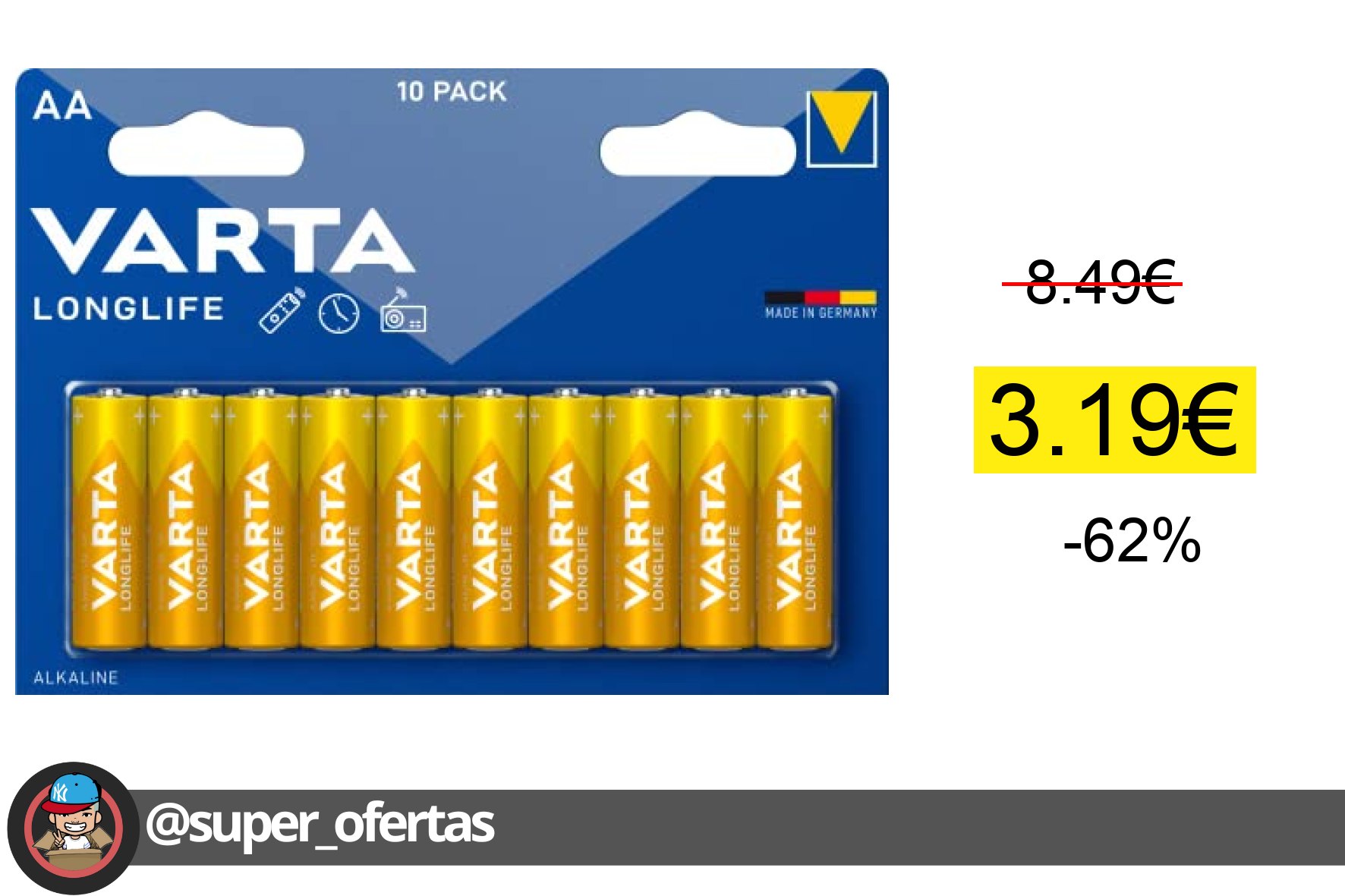 〽 Varta Pila Longlife Power AA Mignon LR06 (paquete de 10 unidades), pila alcalina - «Made in