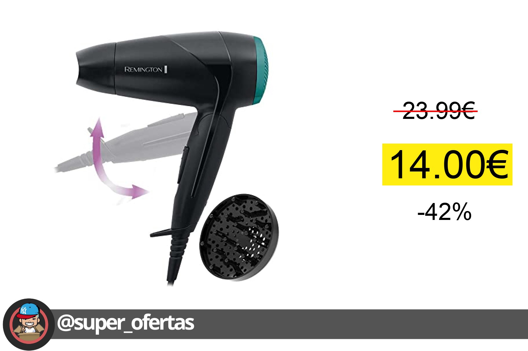 〽 Remington Secador de Pelo Pequeño Compacto, Secador de Viaje, 2000W, Plegable, Ideal Gimnasi
