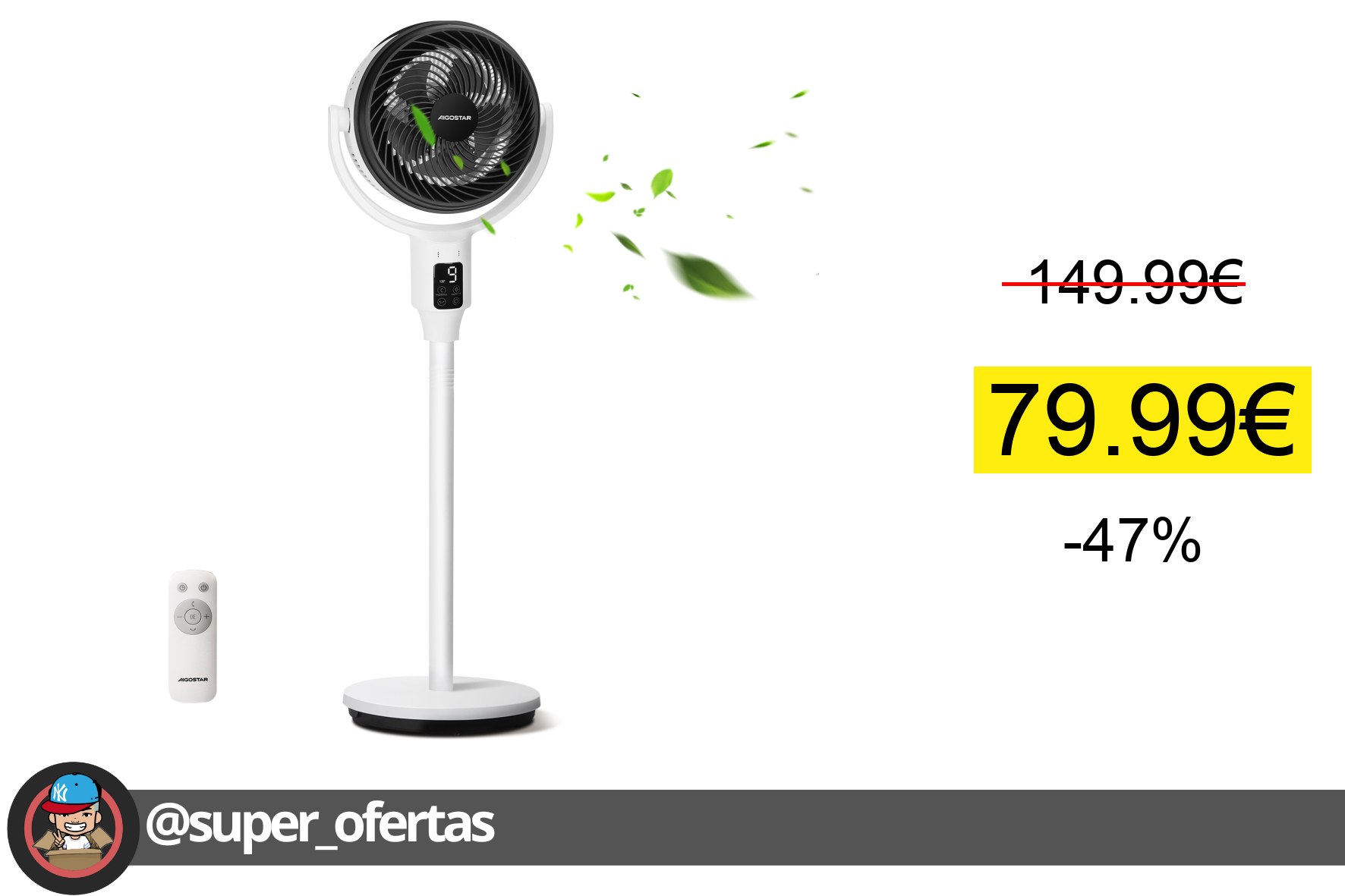Cuponazo 〽 Aigostar Ventilador de Pie con Mando a Distancia, Temporizador 9h, 24W