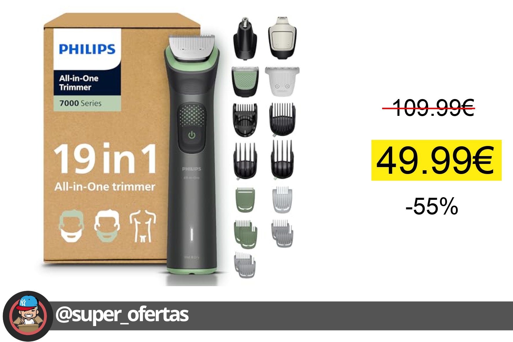 〽 Philips Recortadora todo en uno de 19 en 1 Serie 7000 - Afeitadora y cortapelos hombre para r