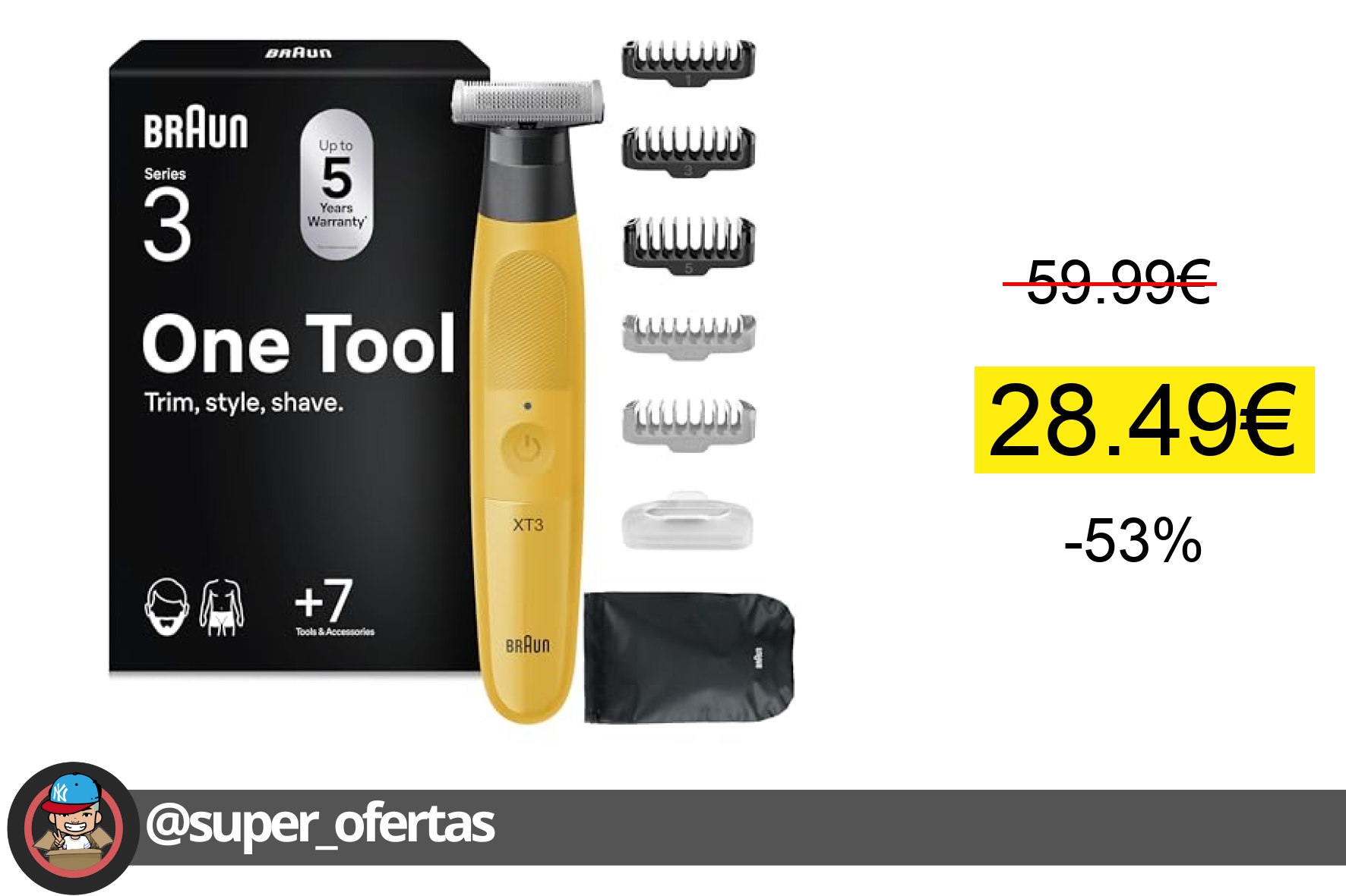 〽 Braun Series XT3 Afeitadora Eléctrica Todo En Uno, XT3205, Amarillo - 7 Accesorios De Stylin