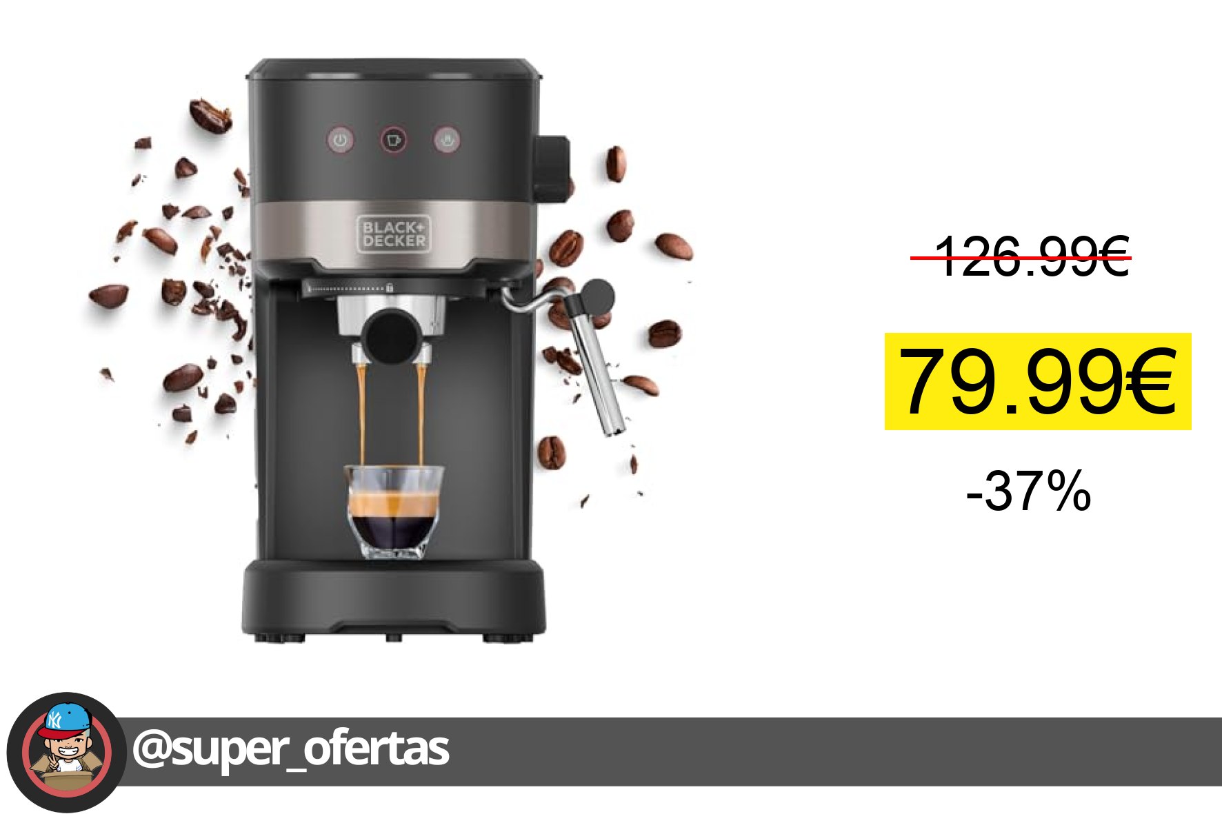 〽 Black+Decker - Cafetera Espresso Compacta 1100W 20 Bares de Presión 3 Funciones Vapori