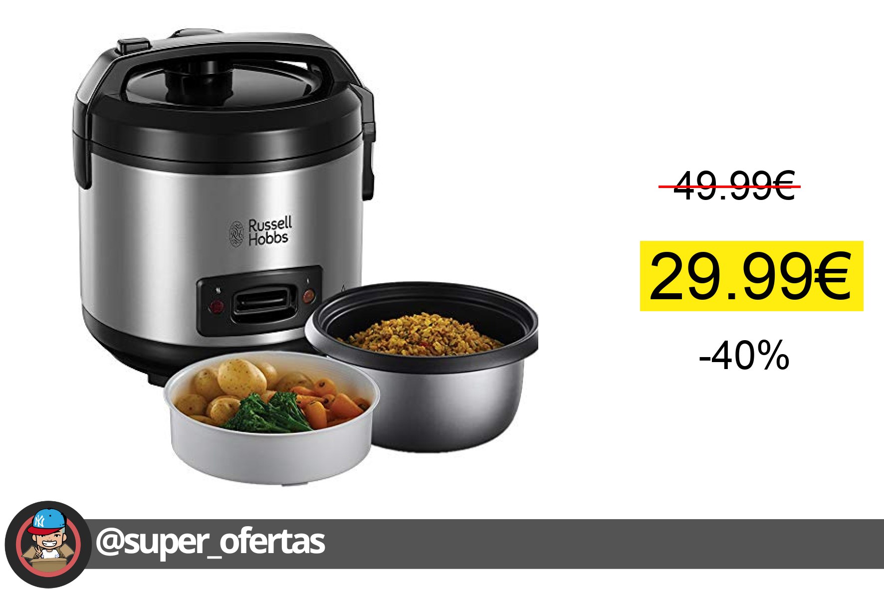 〽 Russell Hobbs- Vaporera y arrocera grande (antiadherente, tapa de cristal, 500 W, 14 raciones