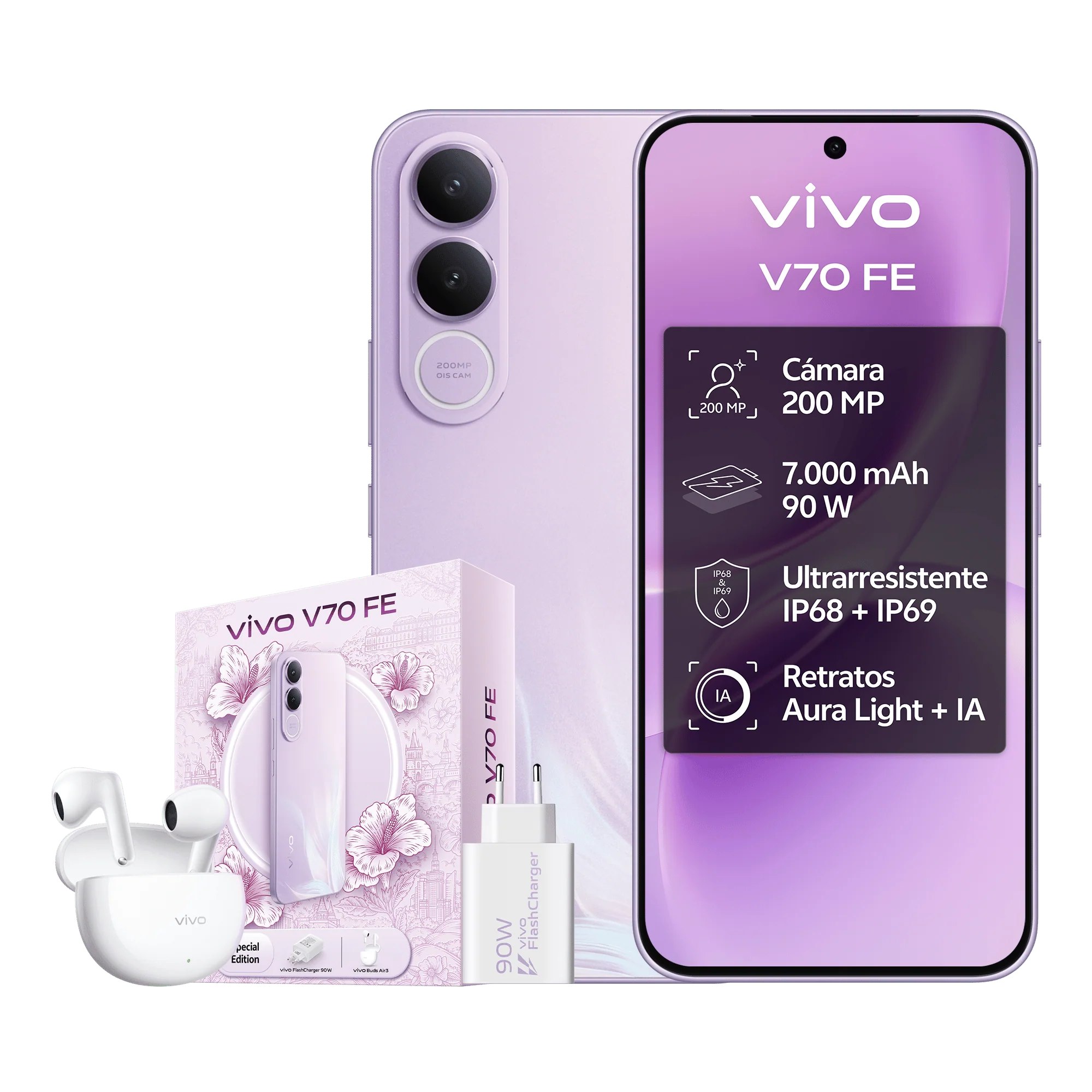 〽 Teléfono – vivo V70 FE 5G Bundle, 8GB+256GB, Cámara de 200MP con OIS, Batería 7000mAh y