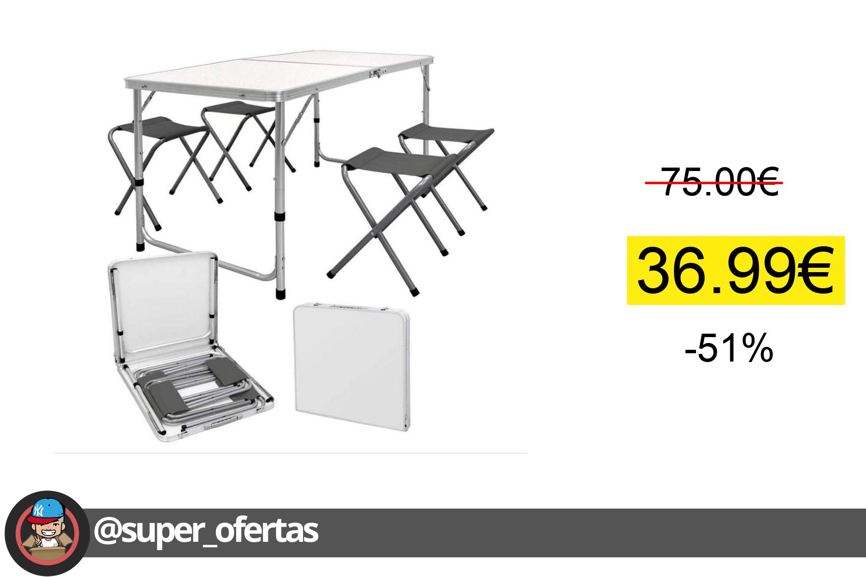 〽 Mesa plegable de camping con 4 taburetes de aluminio y loneta gris, mesa plegable picnic con