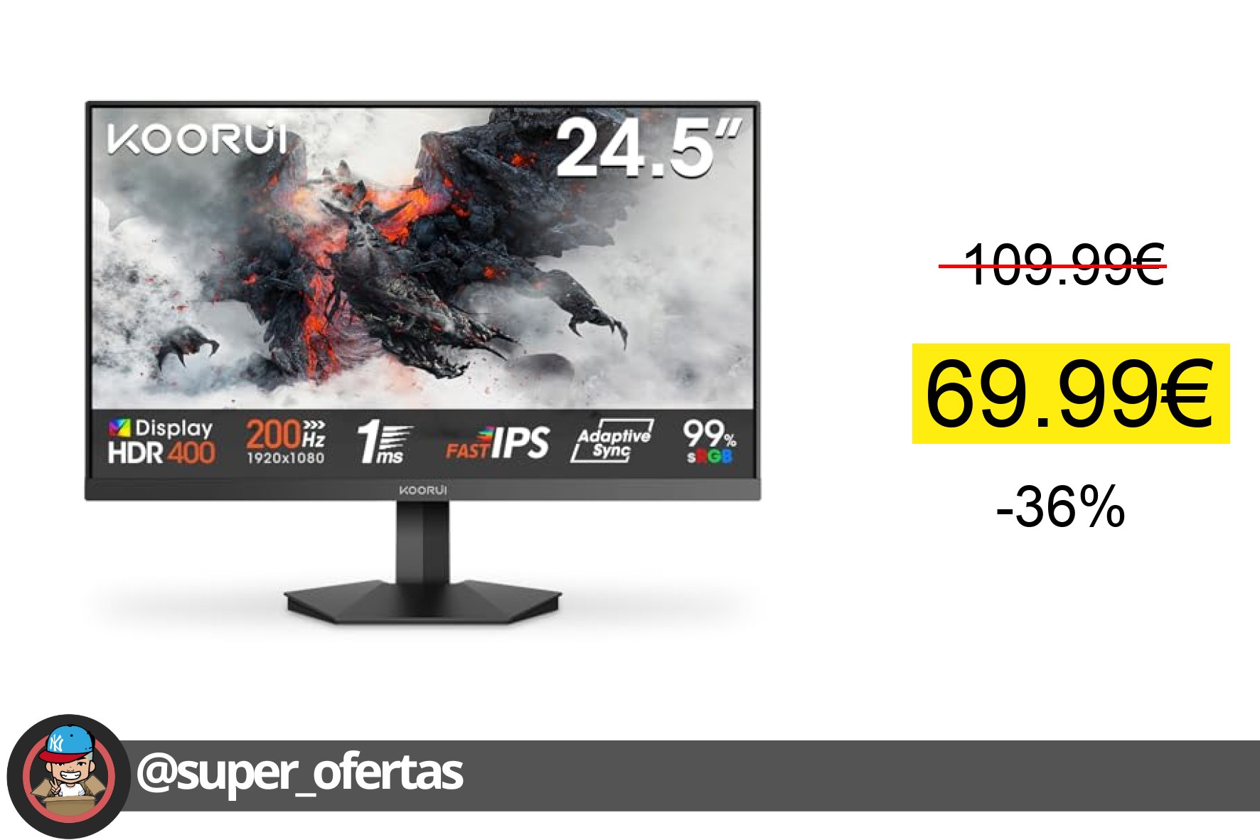 〽 KOORUI G2511P 24.5 Pulgadas Monitor Gaming, 200Hz, FHD 1080P, IPS, GTG 1ms, HDR400, 90% DCI-P
