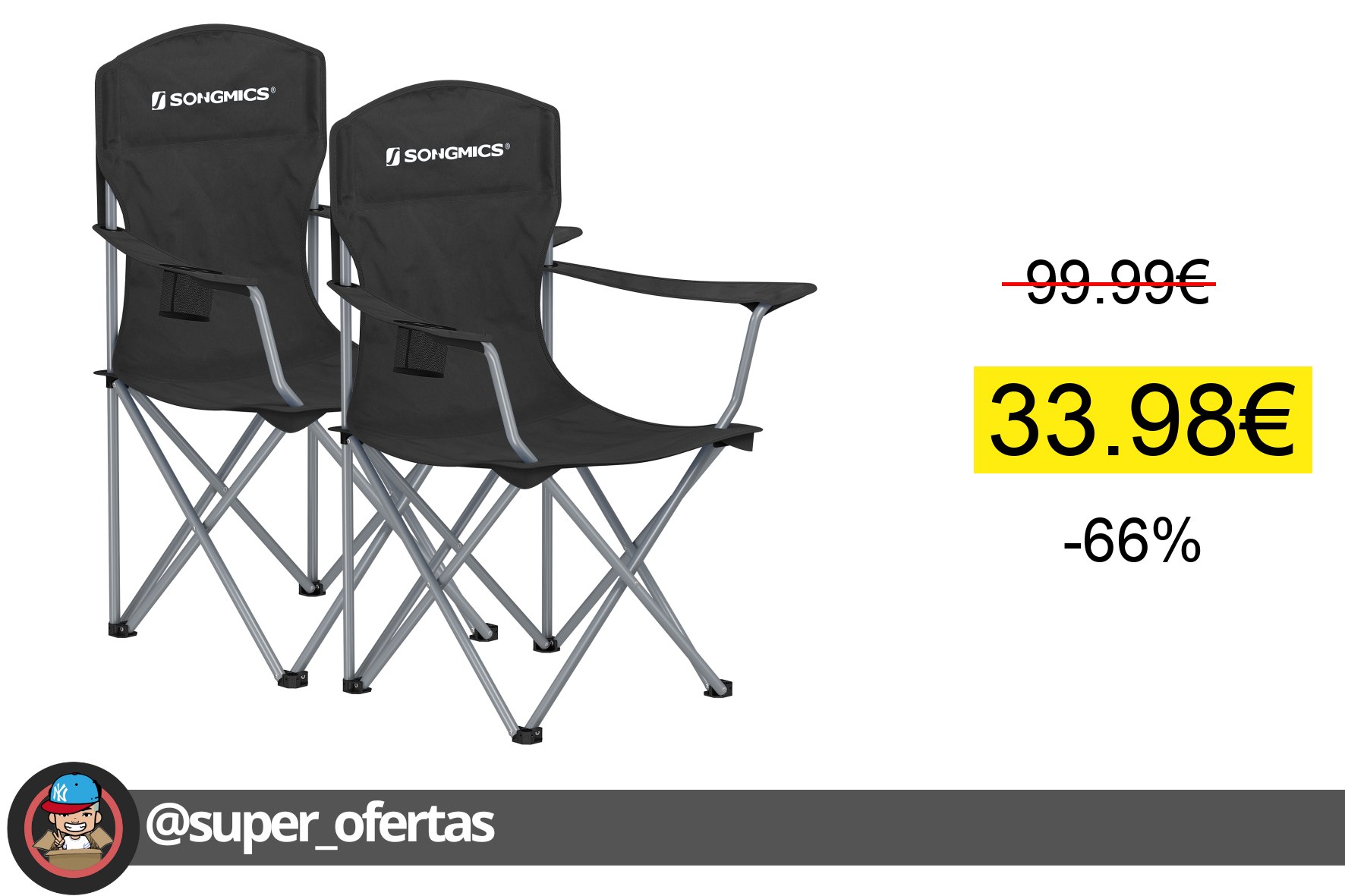 〽 SONGMICS Sillas de Camping, Juego de 2 Sillas de Exterior, Respaldo Alto, Apoyabrazos, Bolsil
