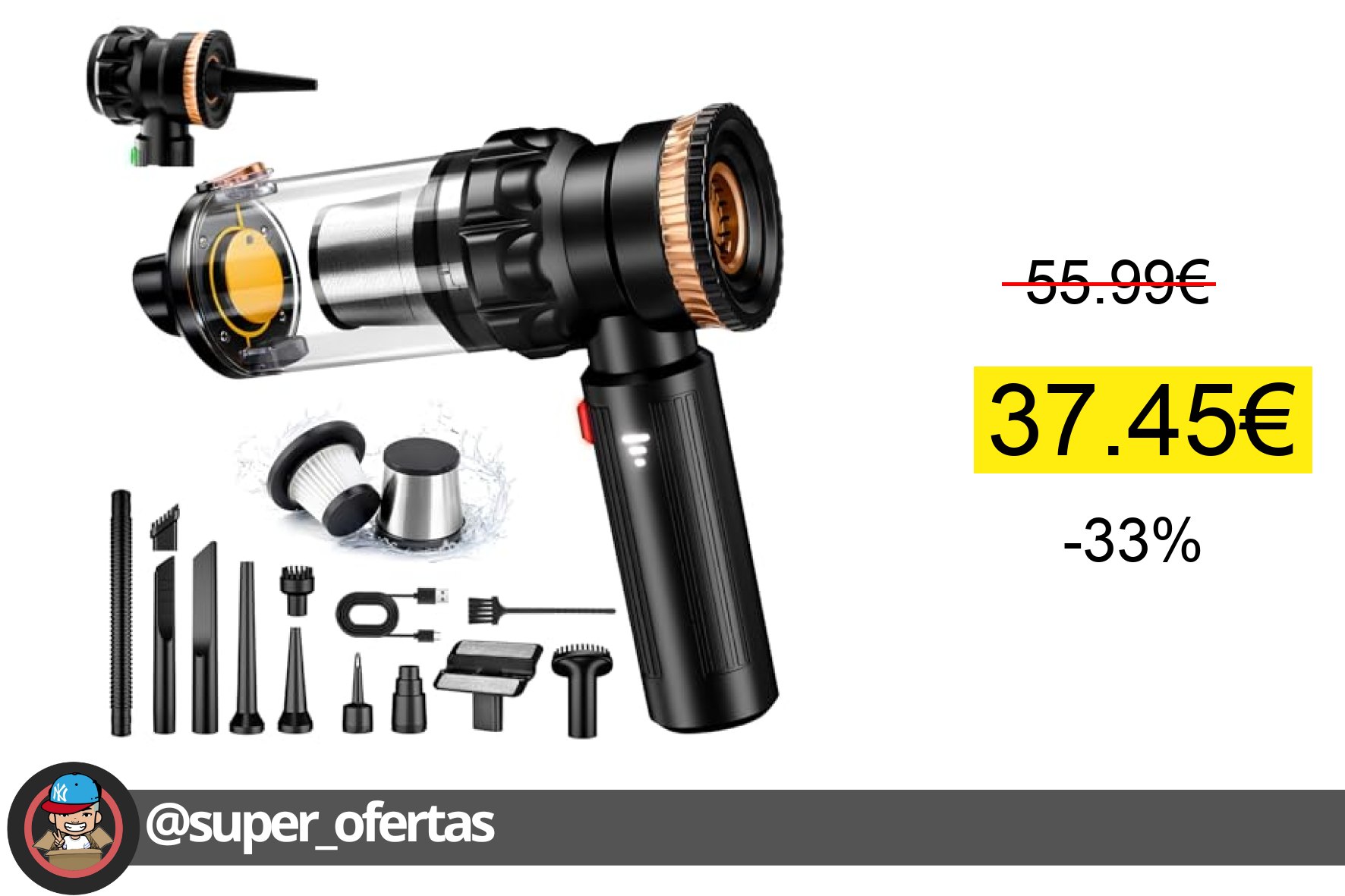 〽 Aspirador Coche Potente, 28000Pa Aspiradora de Mano Sin Cable Portátil Recargable con Ajuste