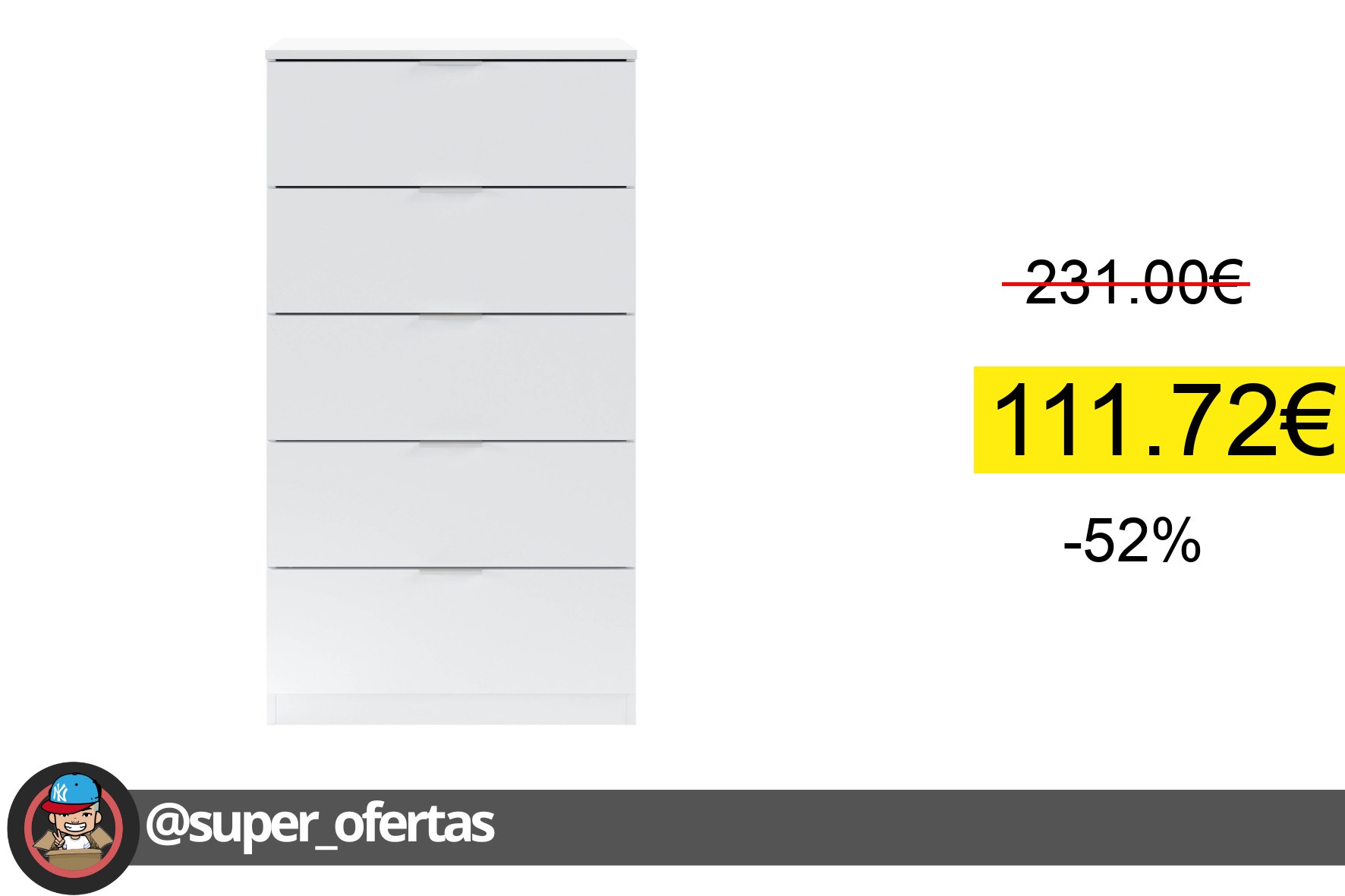 〽 MOBELCENTER - Cómoda 5 Cajones Blanco Artik, Melamina de 16 mm, Fácil Montaje, Medidas 60x4
