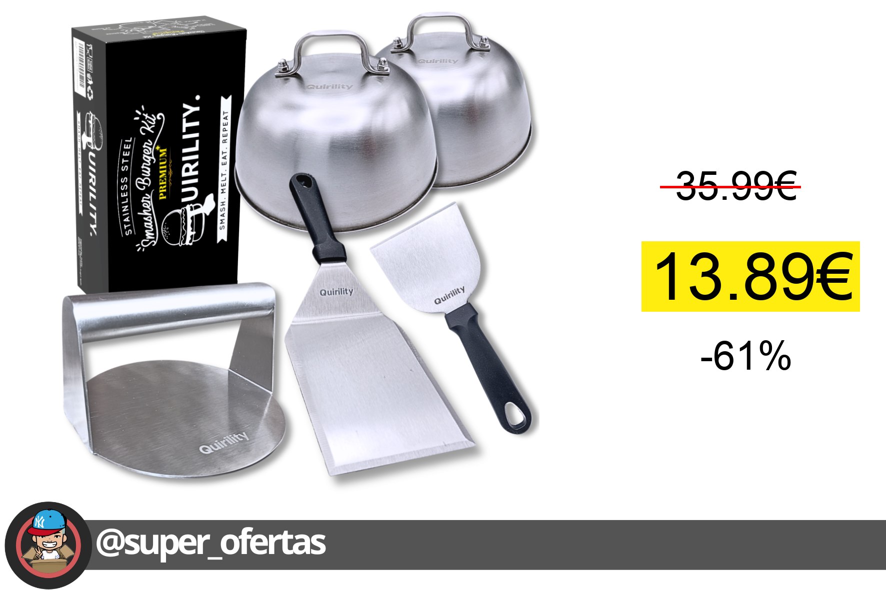 〽 QUIRILITY® Smash Burger Kit Profesional Premium de Acero Inoxidable con Certificado EU Con
