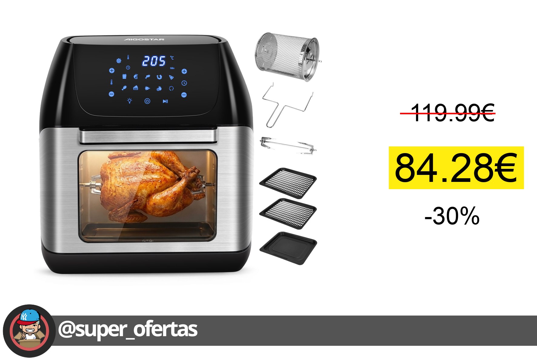 〽 Aigostar Freidora de Aire 12L con Sistema Giratorio, Horno de Aire 1500W con 9 Programas y Pa