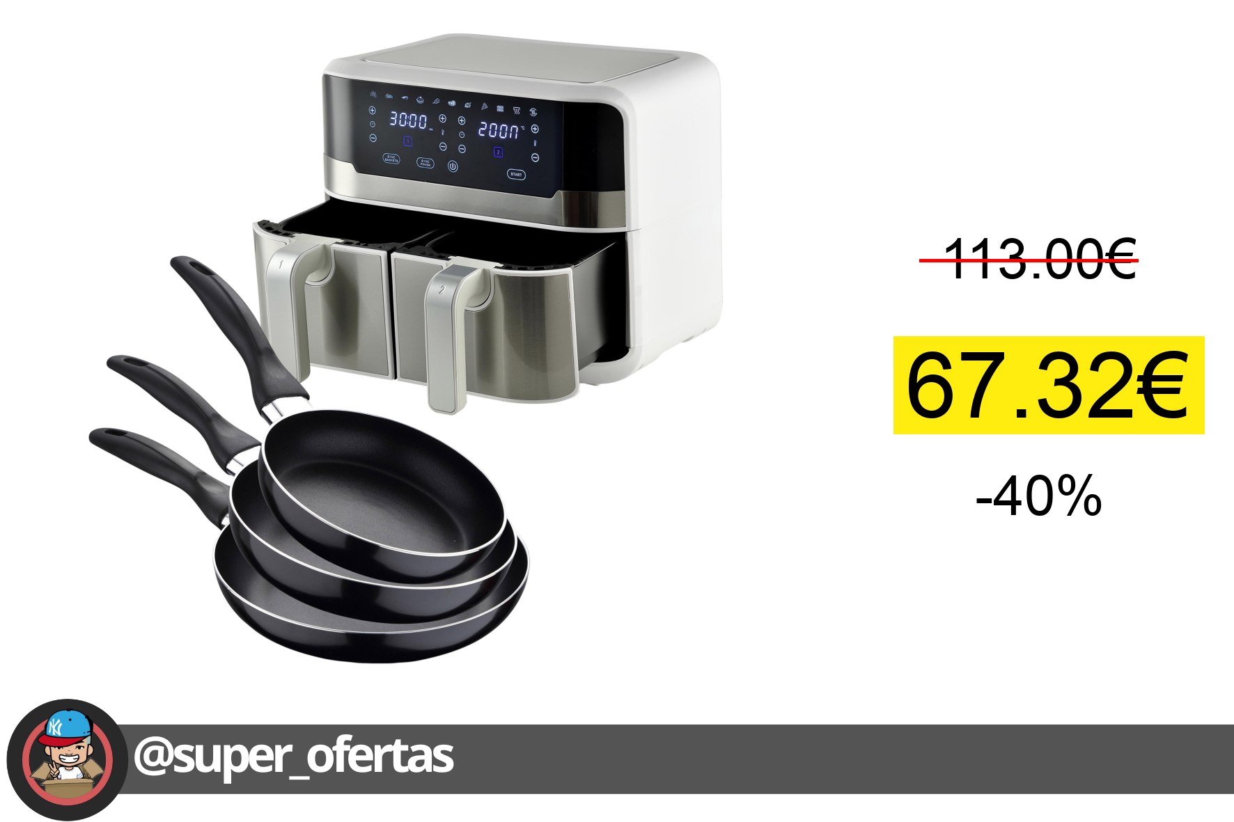Cuponazo 〽 Pack de Freidora de aire Rocket Duo 900 Blanca de 9L y 2400W + 3 Sarte