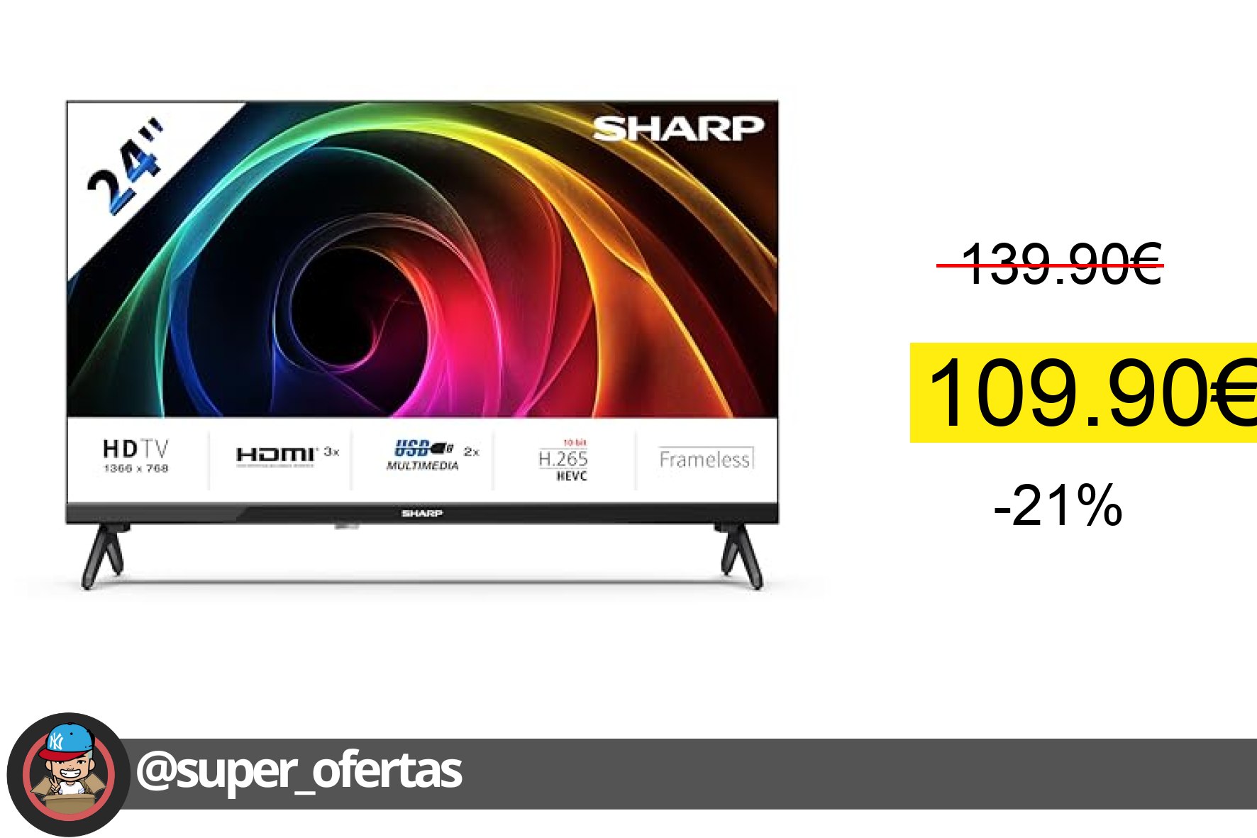 〽 Sharp 24HA1305E - Non-Smart 24" HD, Frameless, 60Hz, Sonido 2x3W, HDMIx3,USBx2,Color Negro