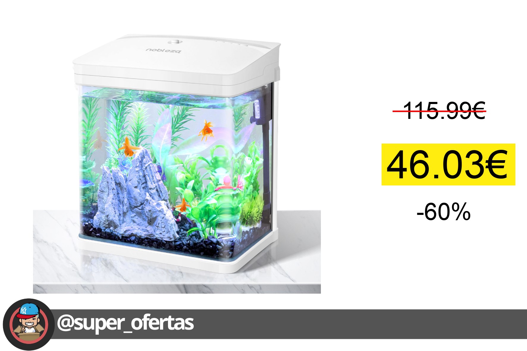 〽Nobleza Acuario de cristal con cubierta y luces LED. Sistema de filtro de 7 Litros. Color Negr