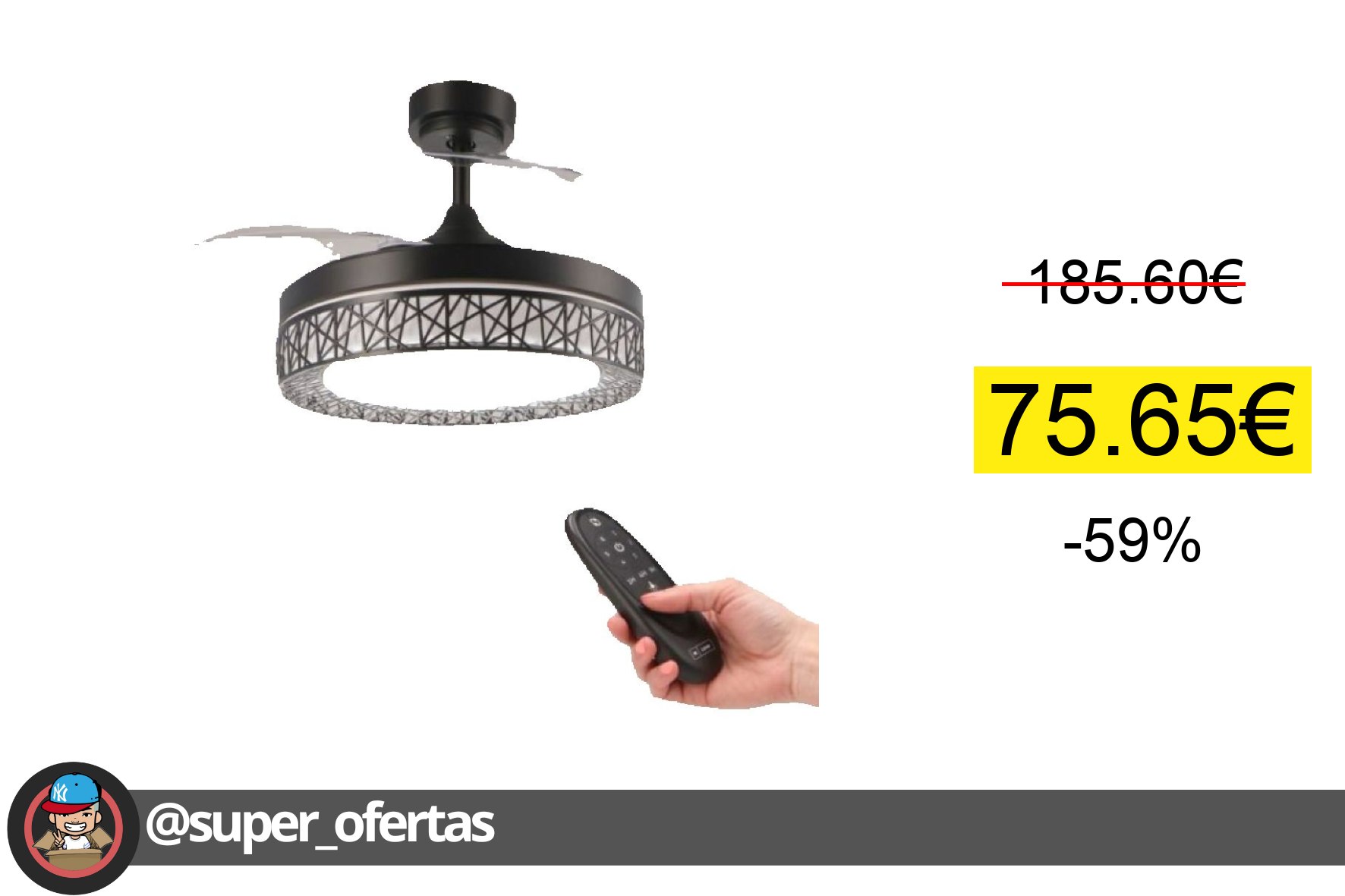 〽Ventilador de Techo Negro Aqua LEDME. Ventilador de techo silencioso de aspas retráctiles con
