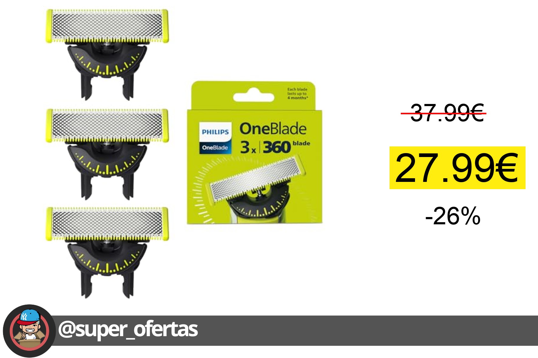 〽Philips OneBlade Original 360 cuchillas, compatibles con todos los mangos OneBlade y Pro, 3 un