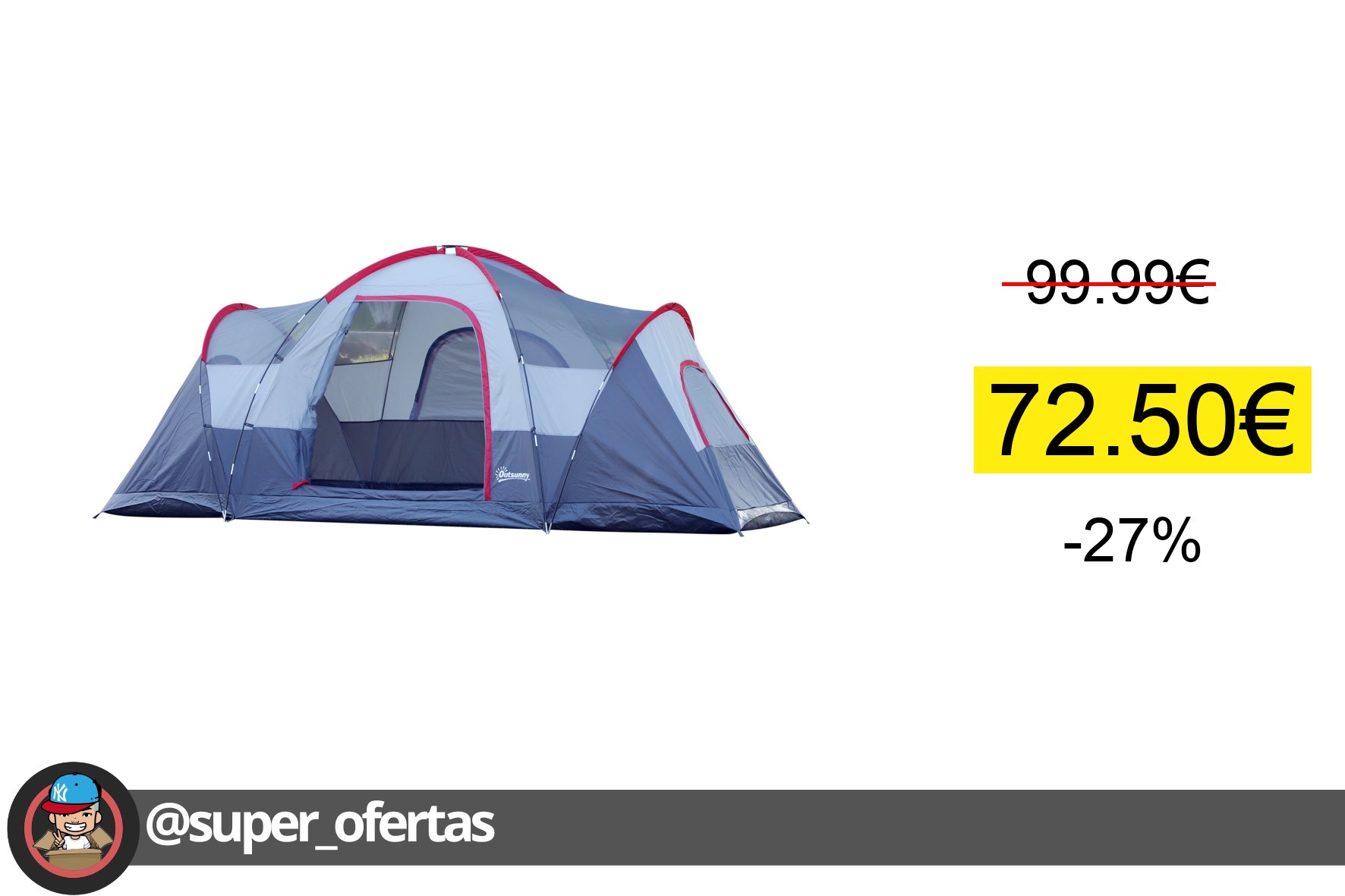 〽Outsunny Tienda de Campaña Familiar para 5-6 Personas Tienda de Acampada de Túnel Impermeabl