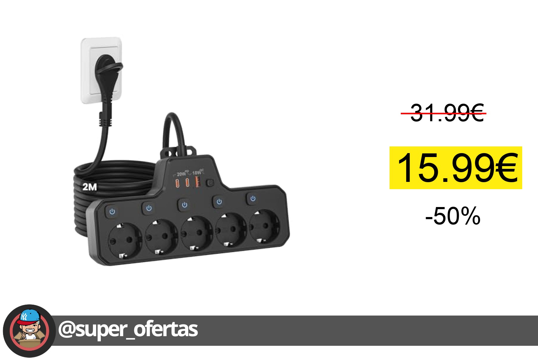 〽Regleta Enchufe Plano,Regleta 5 Tomas con USB C,Enchufe Multiple con Interruptor Individual,La oferta descuento